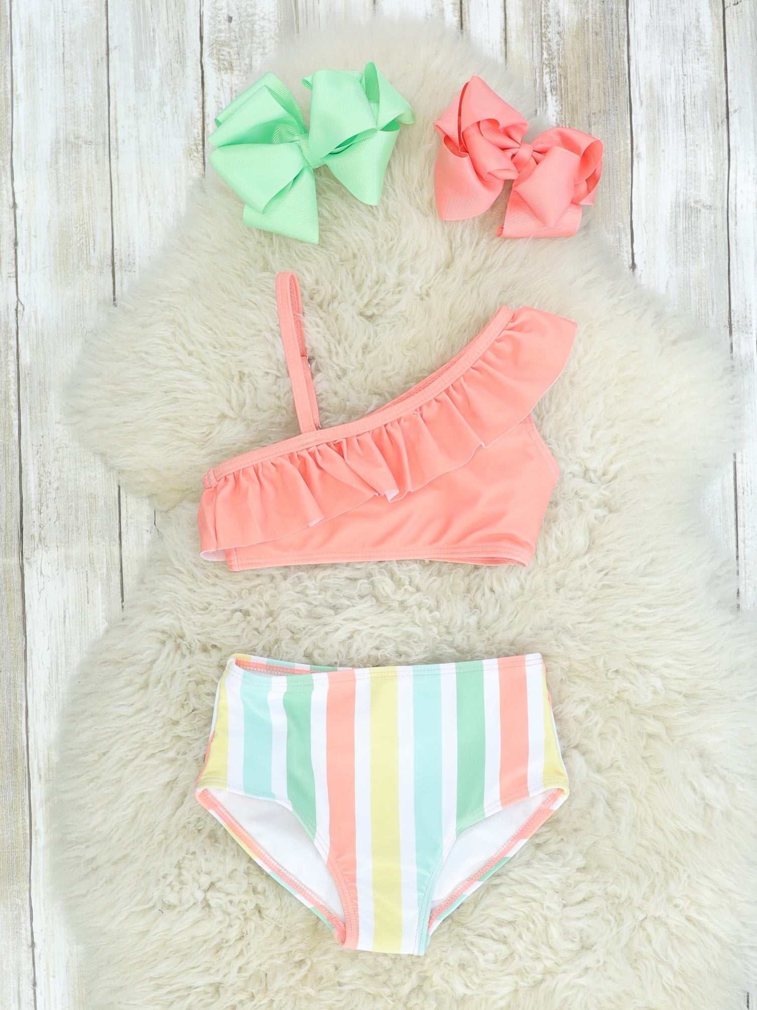 Coral Striped Ruffle Bikini - Marie Nicole Clothing