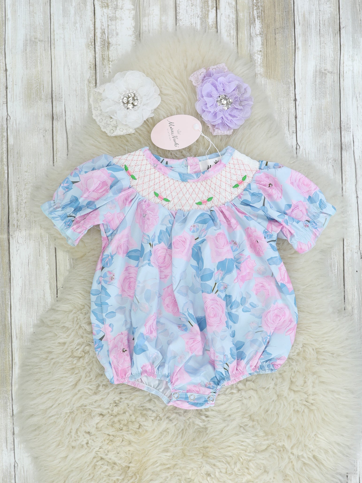 Pink & Blue Rose Smocked Bubble Romper - Marie Nicole Clothing