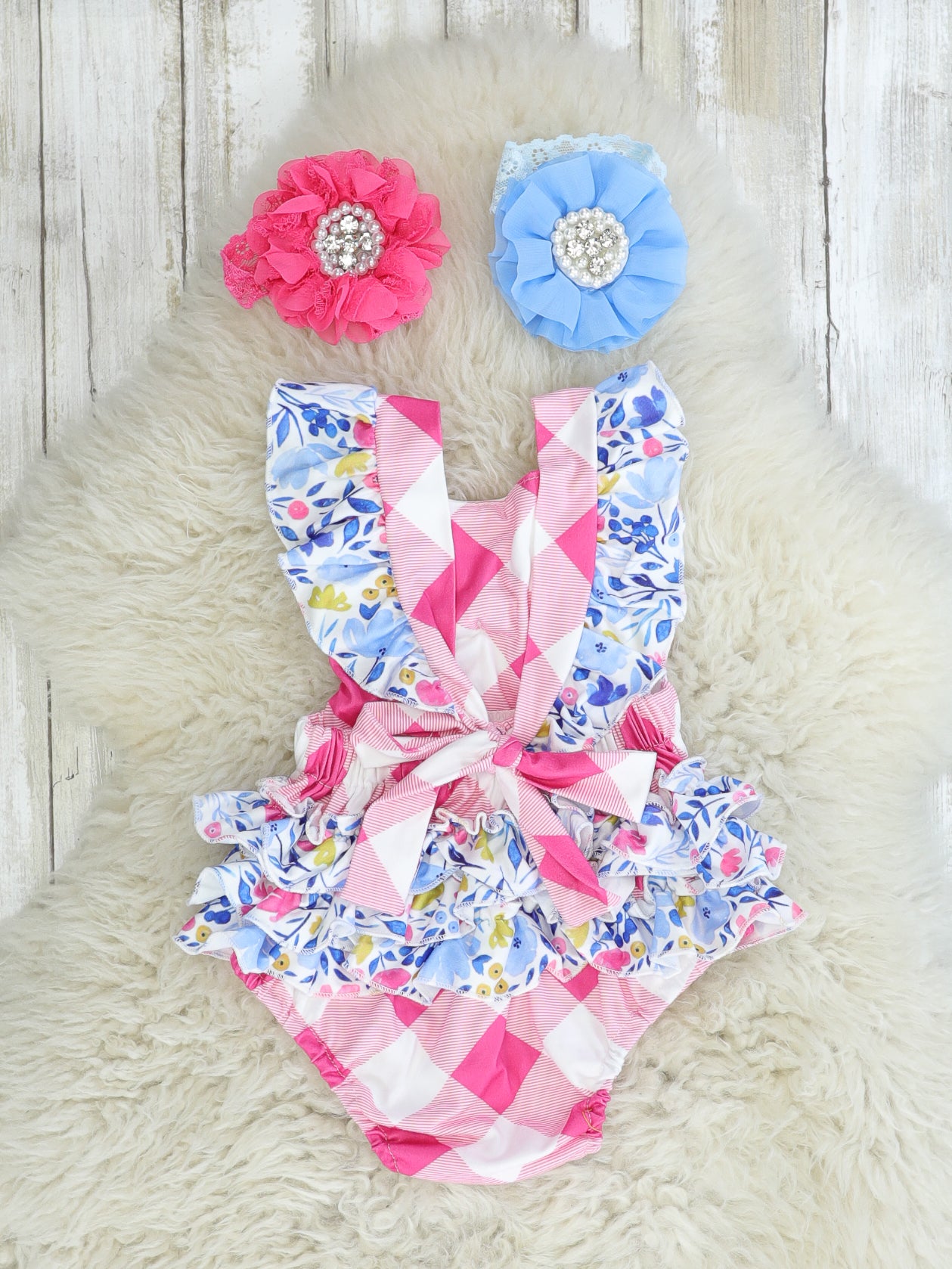 Floral Pink Check Ruffle Bubble Romper - Marie Nicole Clothing