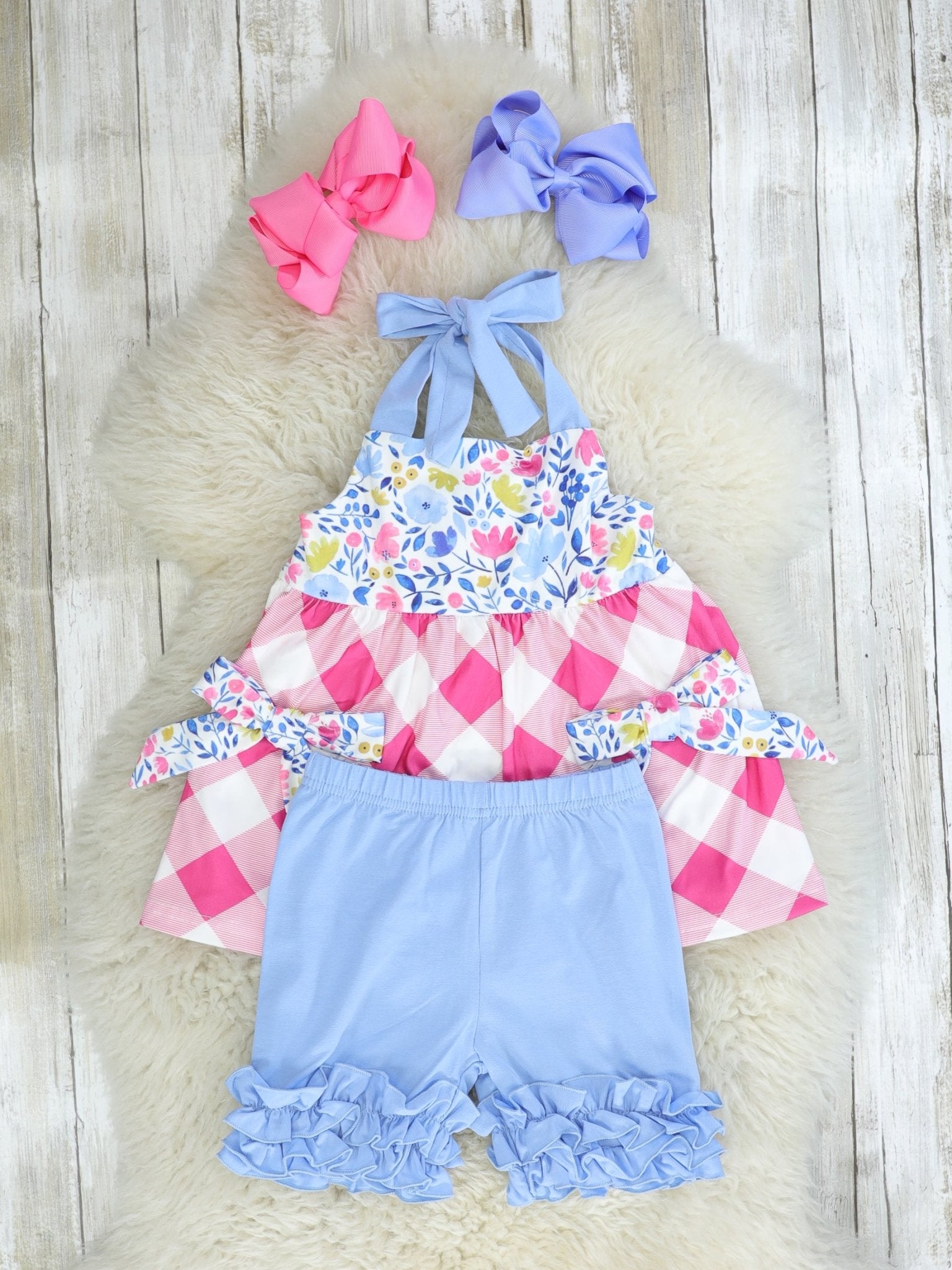 Floral Pink Check Halter Top & Ruffle Bottoms Outfit - Marie Nicole Clothing