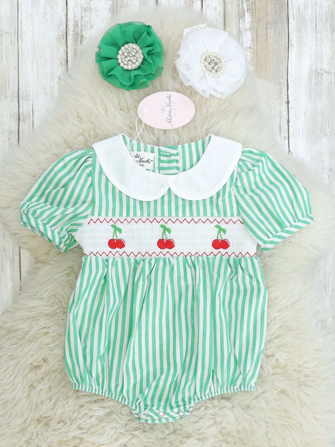 Green Pinstriped Smocked Cherry Bubble Romper - Marie Nicole Clothing