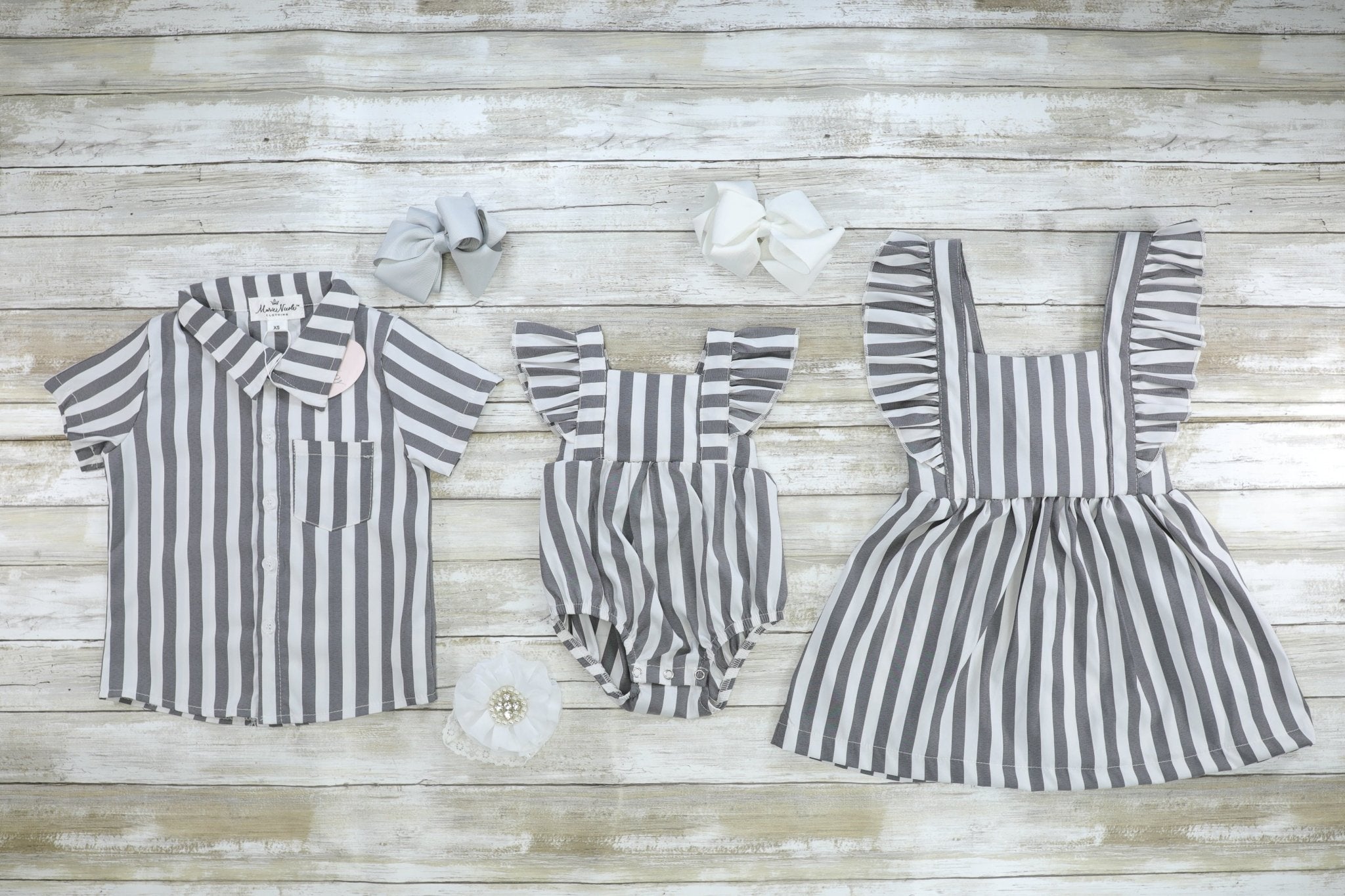 Grey Pinstriped Ruffle Bubble Romper - Marie Nicole Clothing