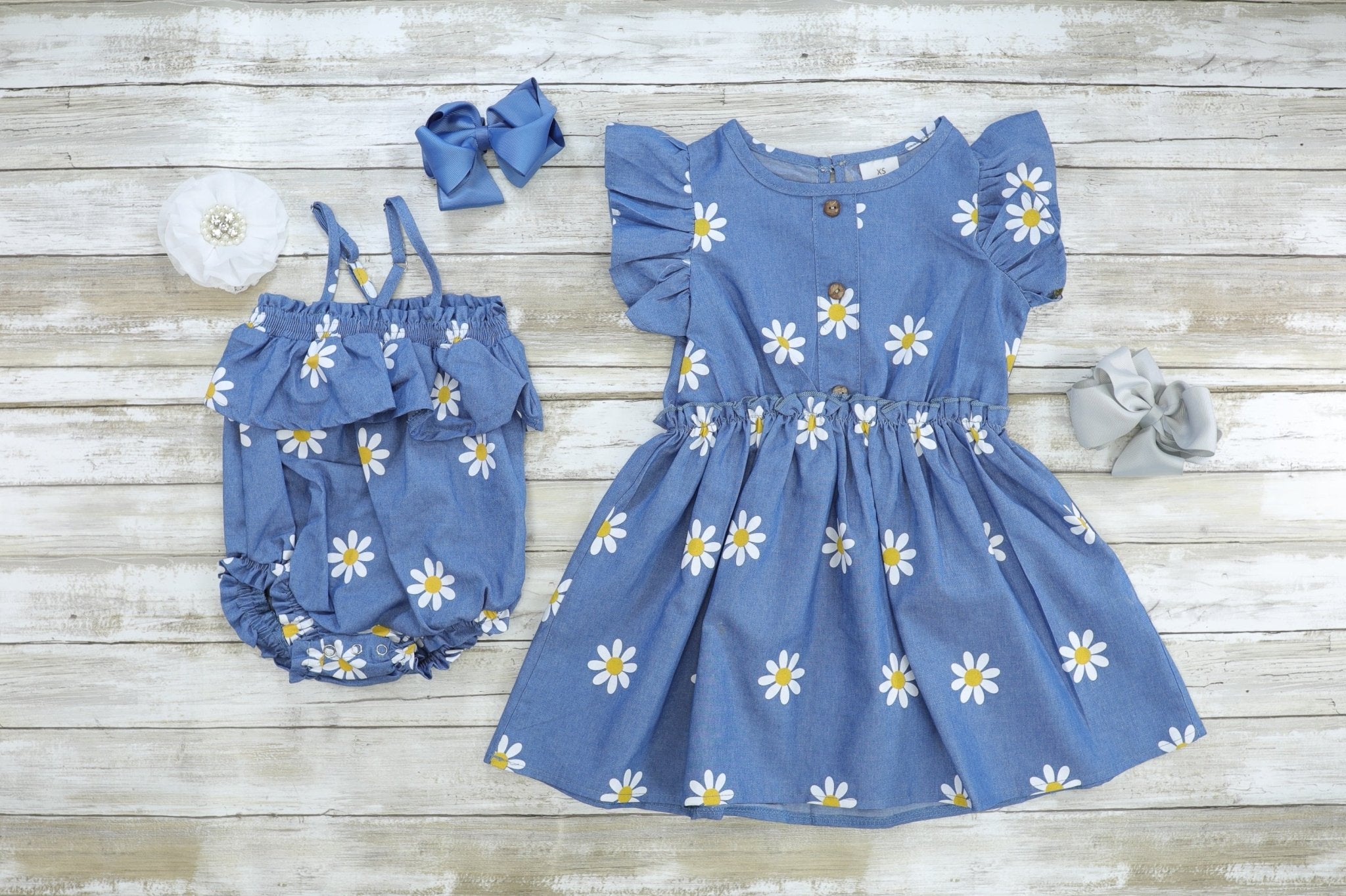 Chambray Daisy Ruffle Dress - Marie Nicole Clothing