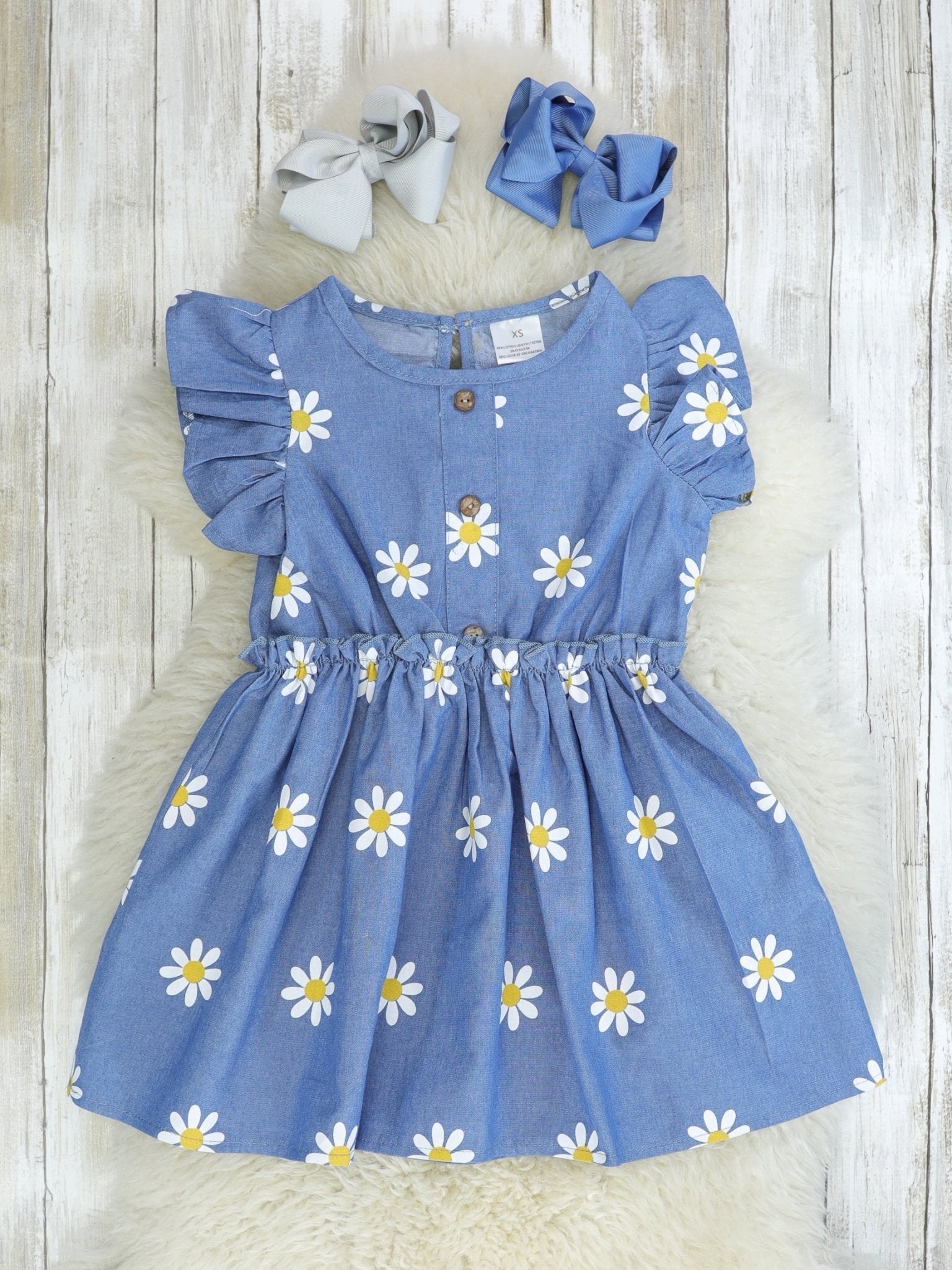 Chambray Daisy Ruffle Dress - Marie Nicole Clothing