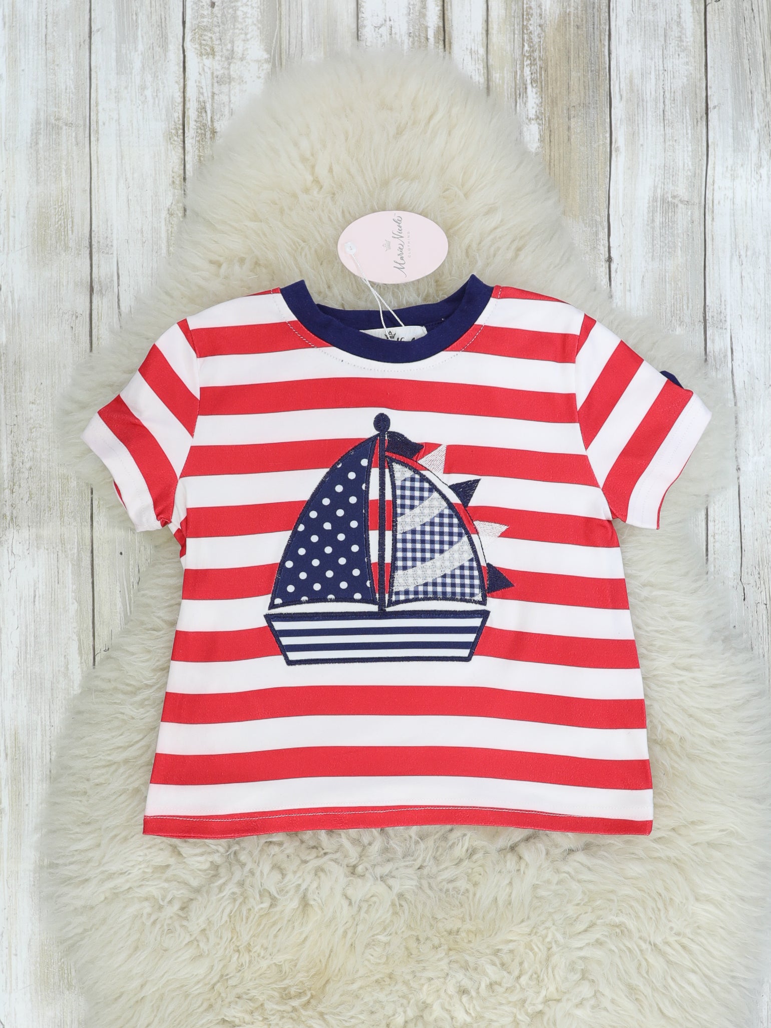 Red & Navy Sailboat Striped Shirt - Marie Nicole Clothing