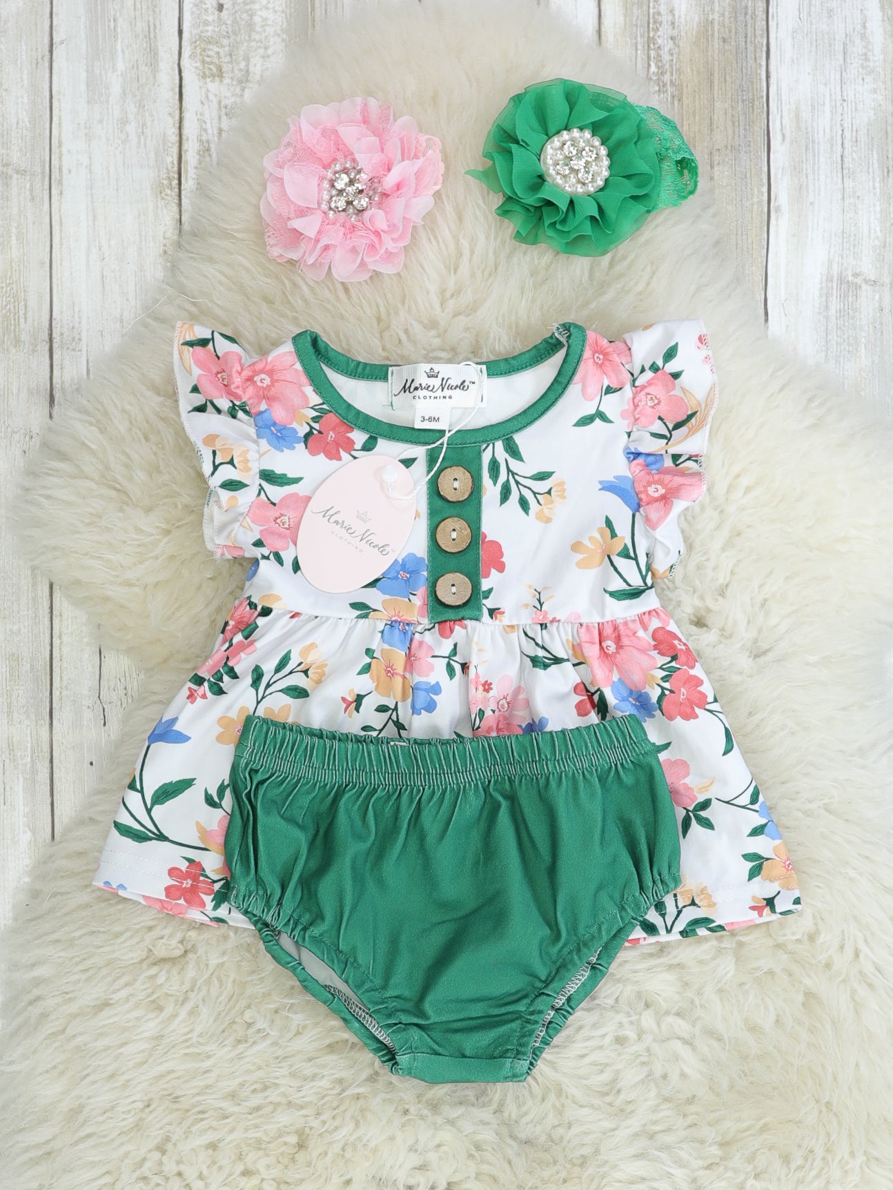 Floral Ruffle Top & Forest Green Bloomers Set - Marie Nicole Clothing