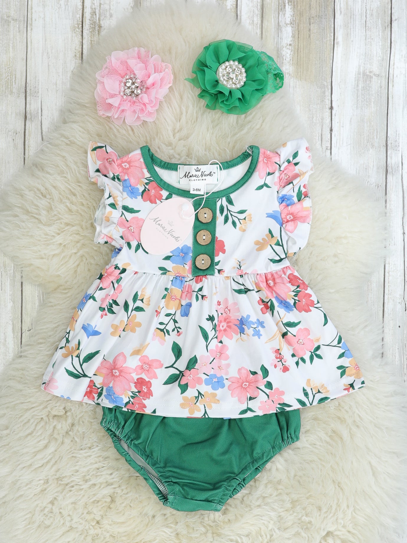Floral Ruffle Top & Forest Green Bloomers Set - Marie Nicole Clothing