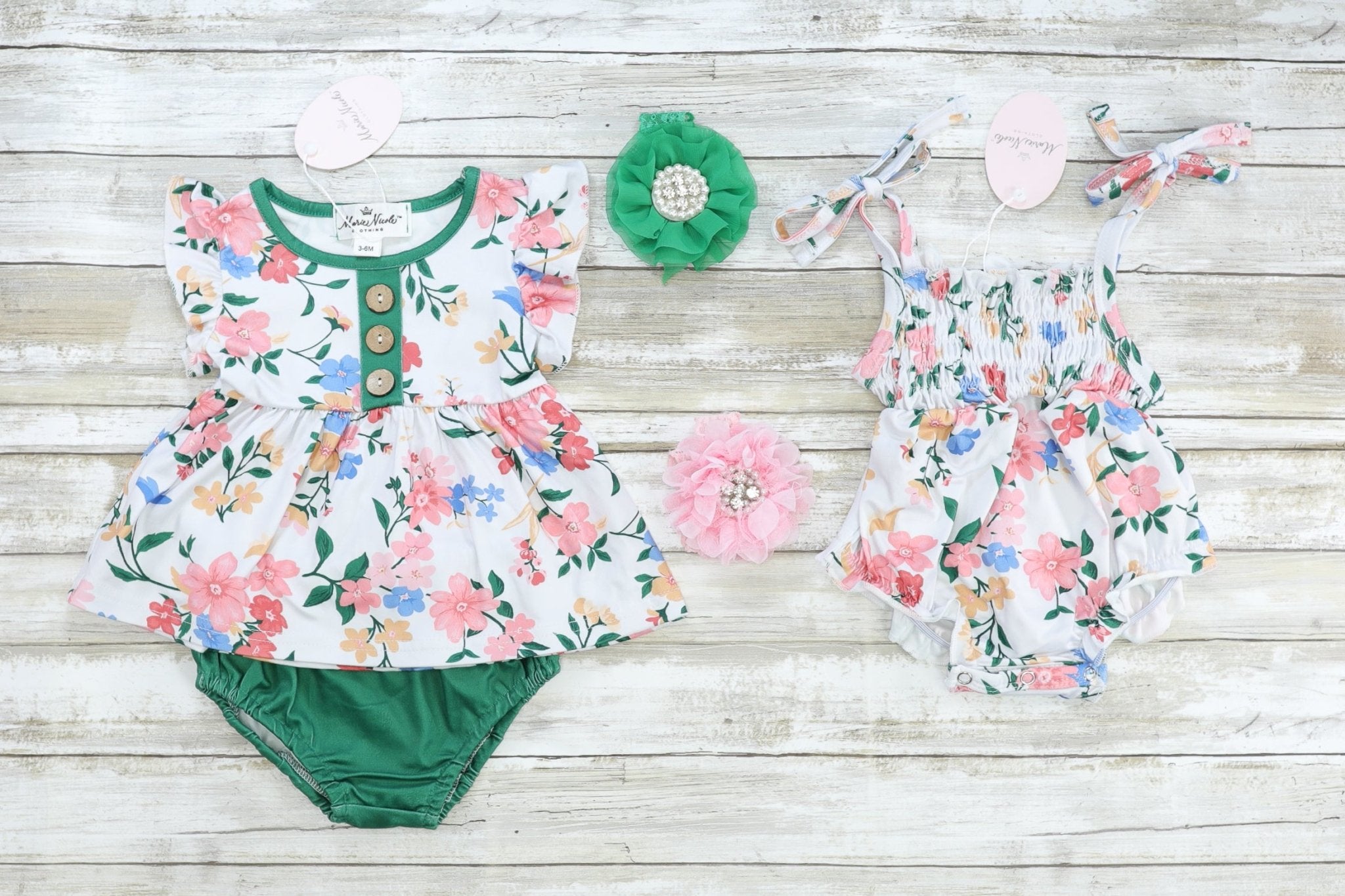 Floral Ruffle Top & Forest Green Bloomers Set - Marie Nicole Clothing
