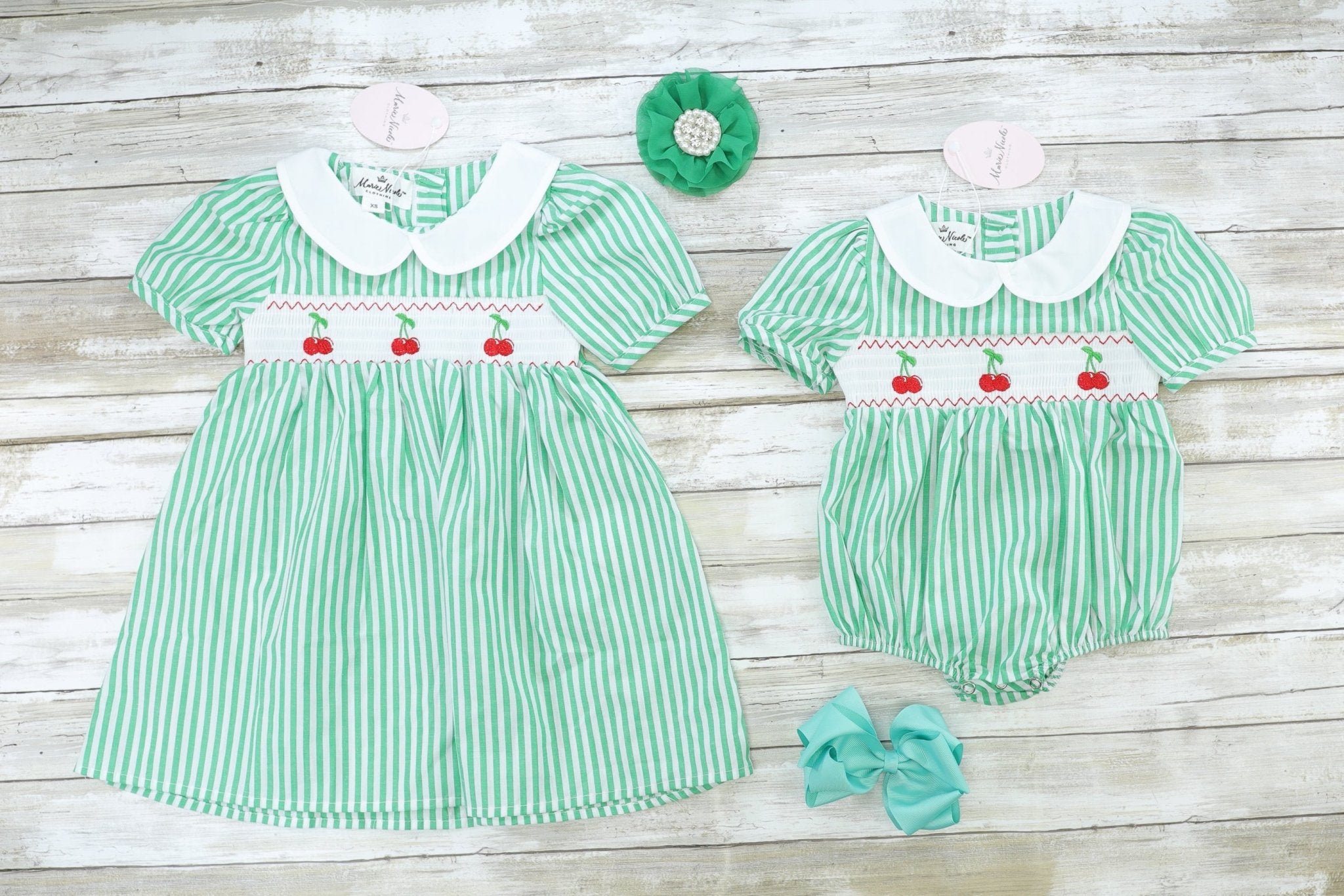 Green Pinstriped Smocked Cherry Dress - Marie Nicole Clothing