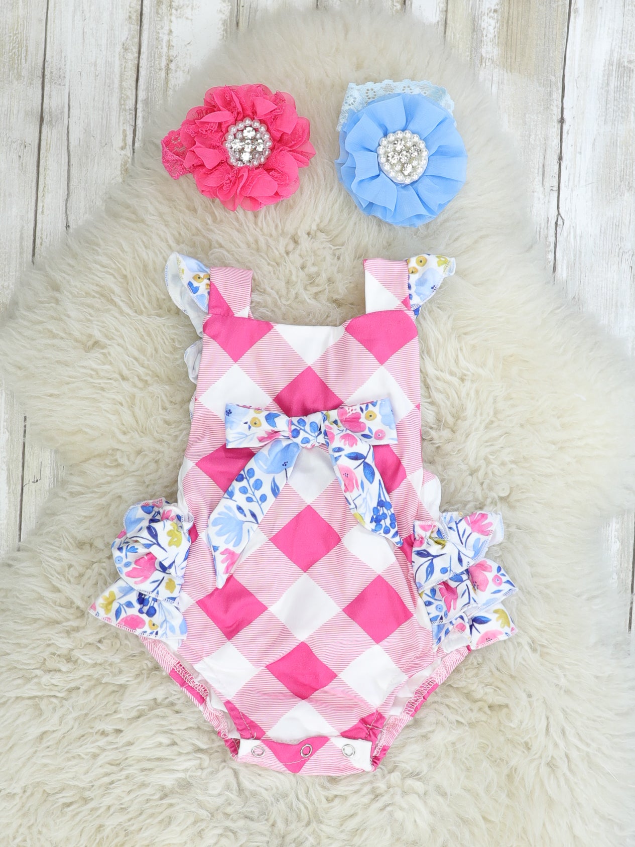 Floral Pink Check Ruffle Bubble Romper - Marie Nicole Clothing
