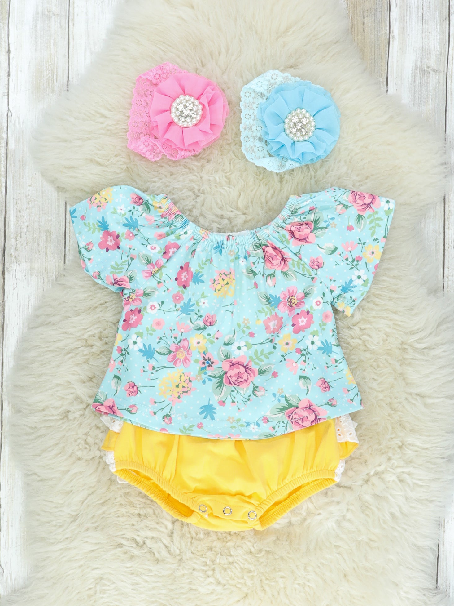Sky Blue Floral Top & Yellow Ruffle Bloomers - Marie Nicole Clothing