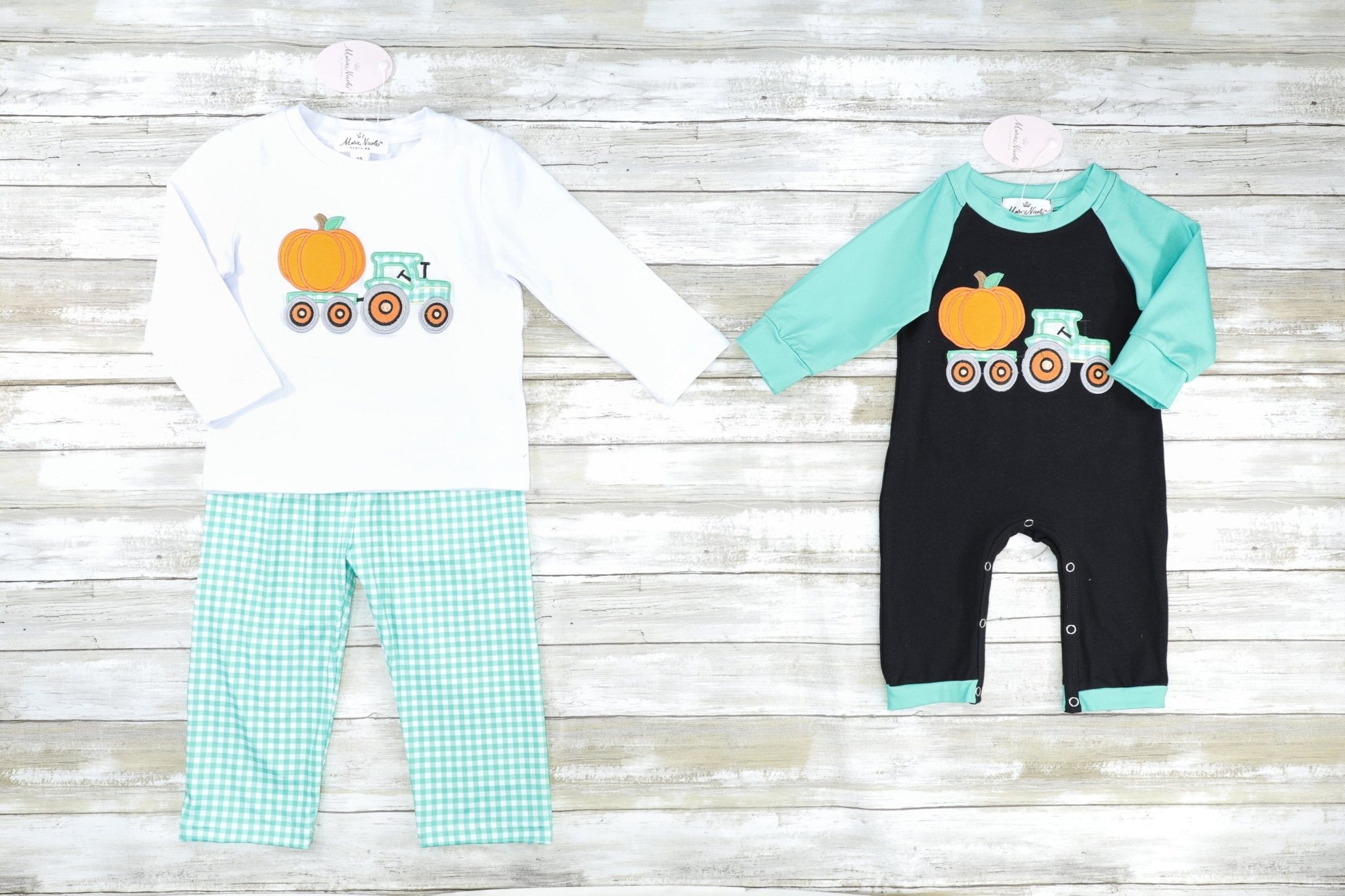 Pumpkin Tractor Green Raglan Romper - Marie Nicole Clothing