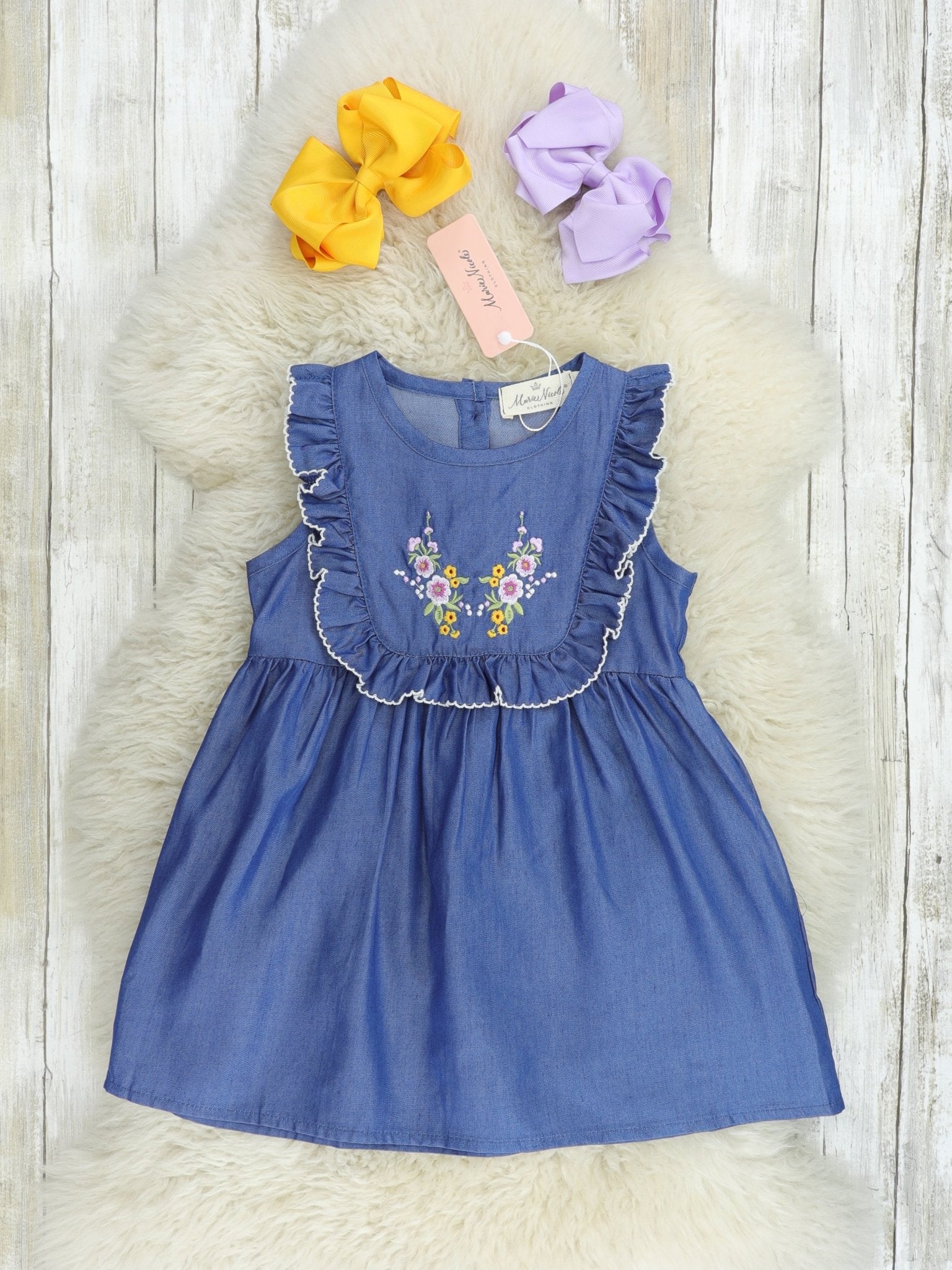 Chambray Floral Bib Collar Dress - Marie Nicole Clothing