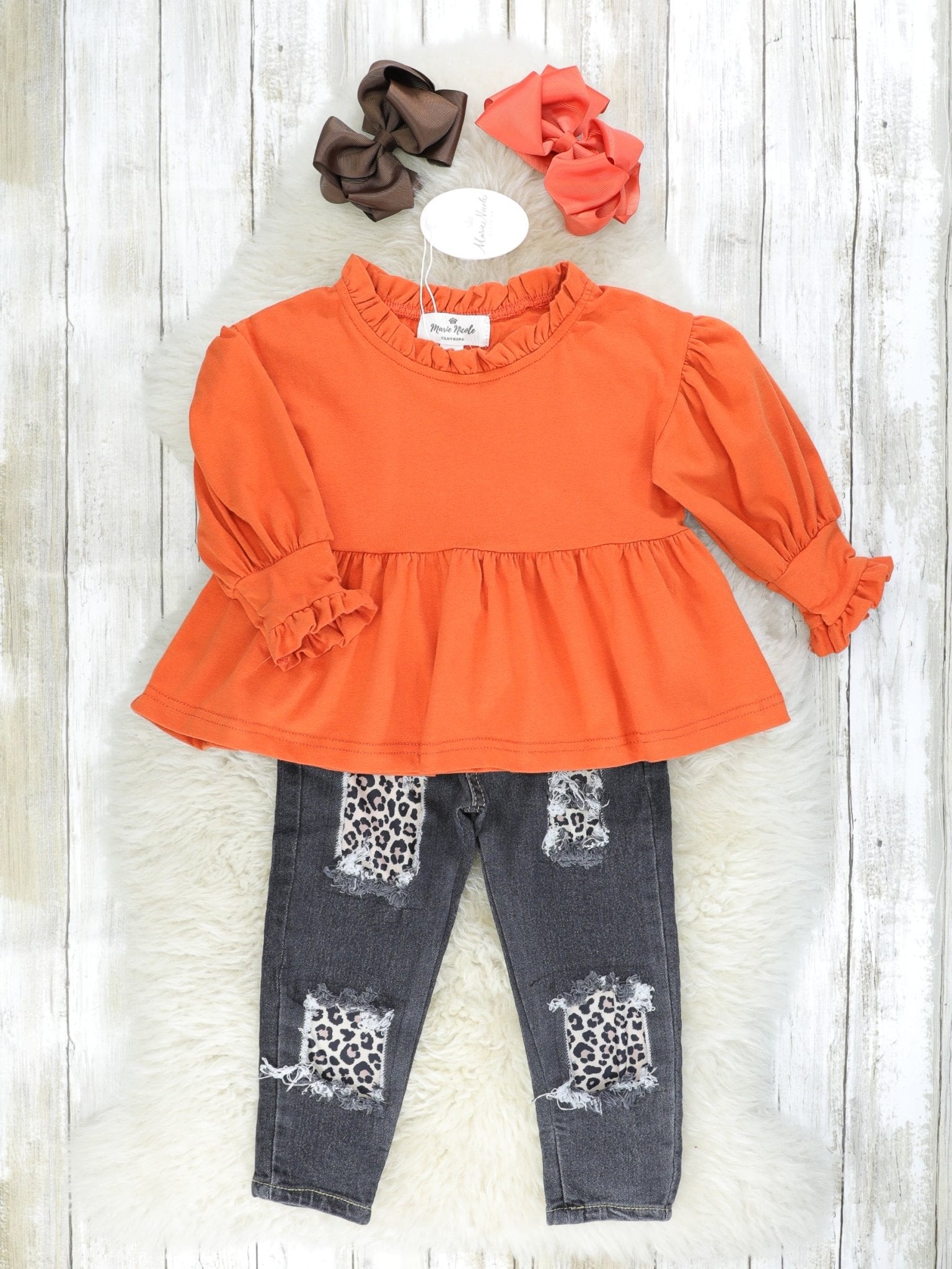 Orange Ruffle Peplum Top & Distressed Leopard Denim Outfit - Marie Nicole Clothing