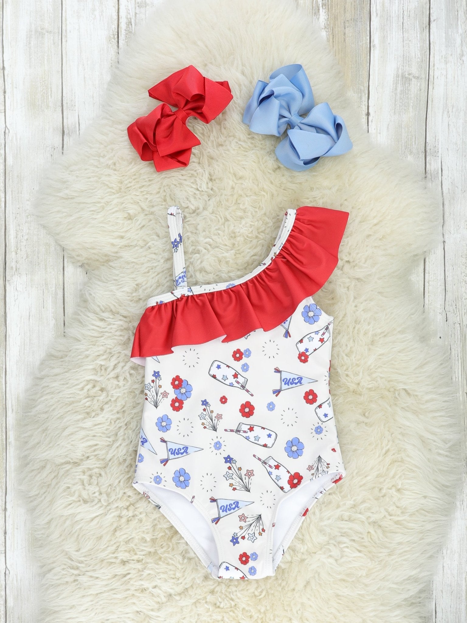Red, White & Blue Floral Asymmetrical Swimsuit - Marie Nicole Clothing