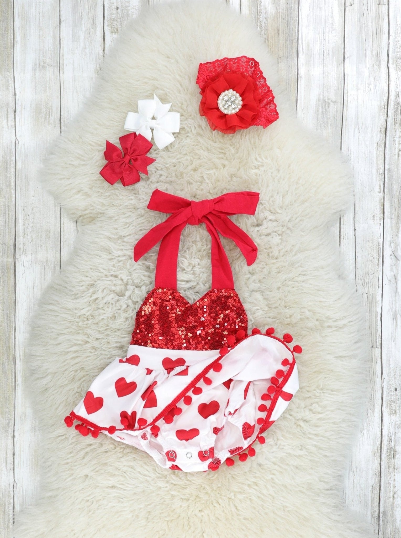Sparkly Red Heart Tie Dressy Romper - Marie Nicole Clothing