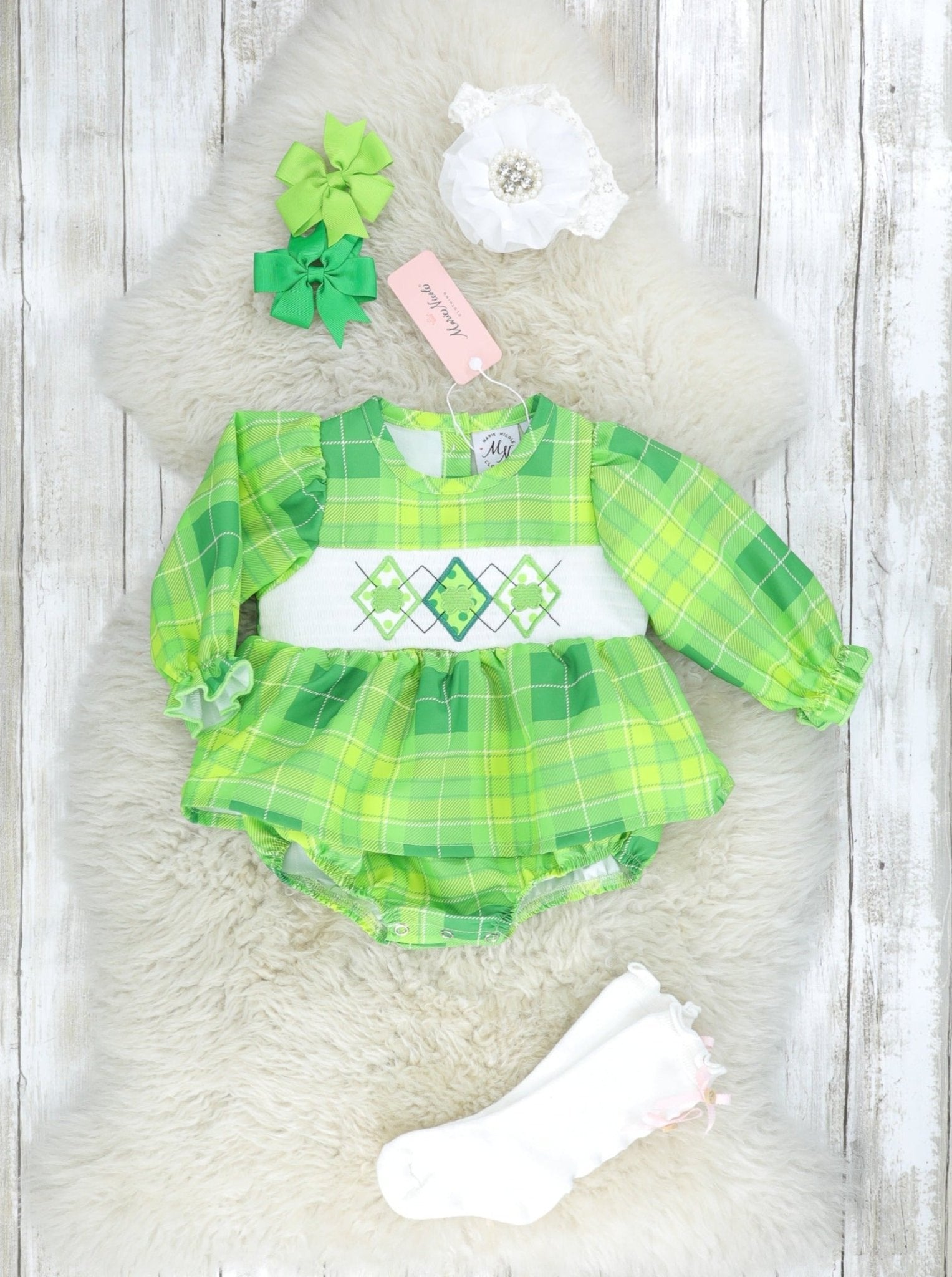 Green Plaid Smocked Clover Ruffle Romper - Marie Nicole Clothing