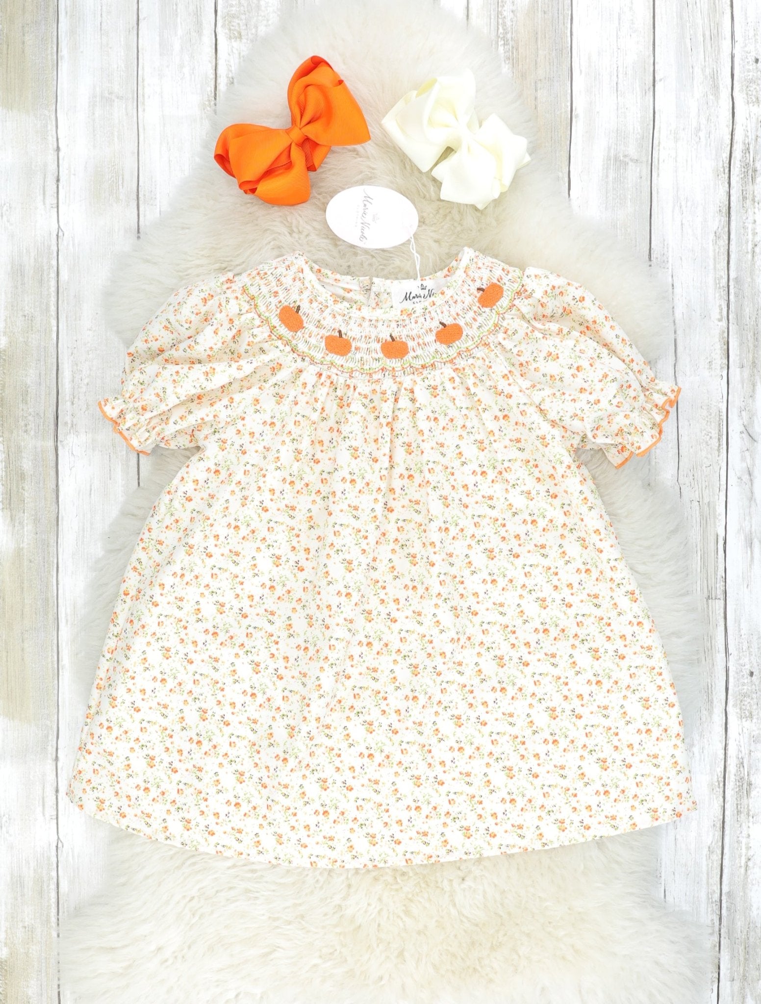Orange Smocked Pumpkin Floral Dress - Marie Nicole Clothing
