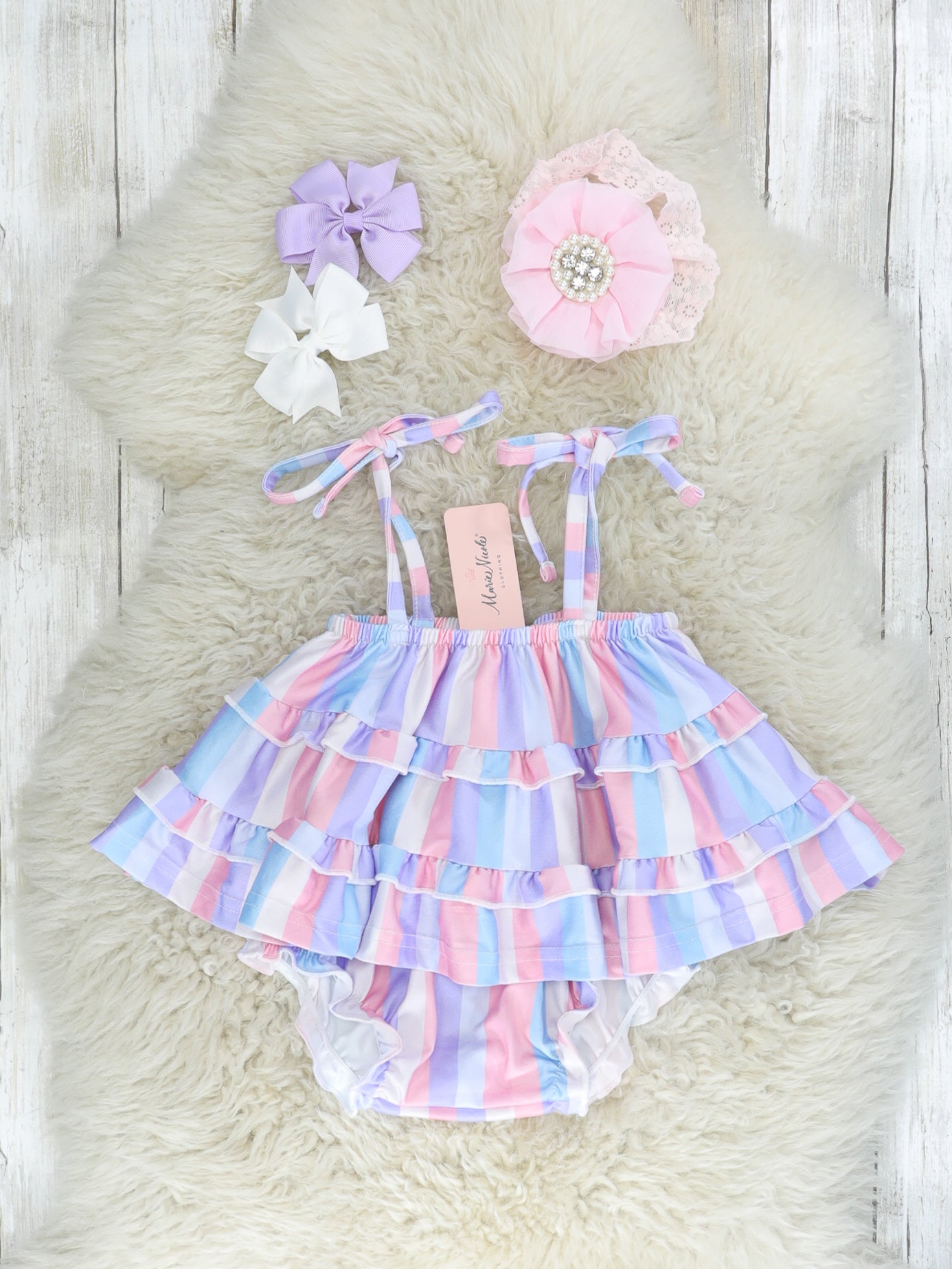 Mauve & Lavender Striped Tiered Tie Top & Bloomers Outfit - Marie Nicole Clothing