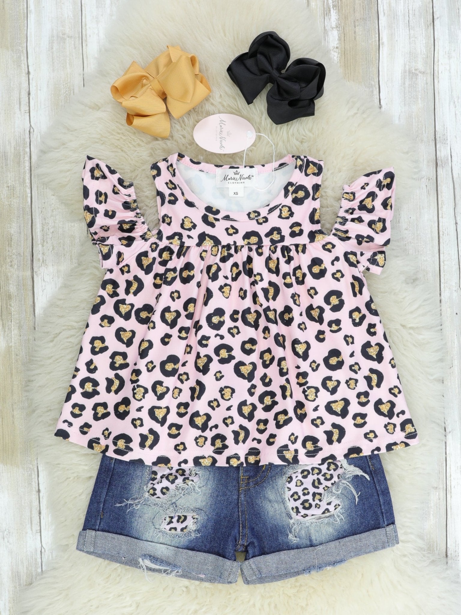 Pink Leopard Cold Shoulder Top & Denim Shorts Outfit - Marie Nicole Clothing
