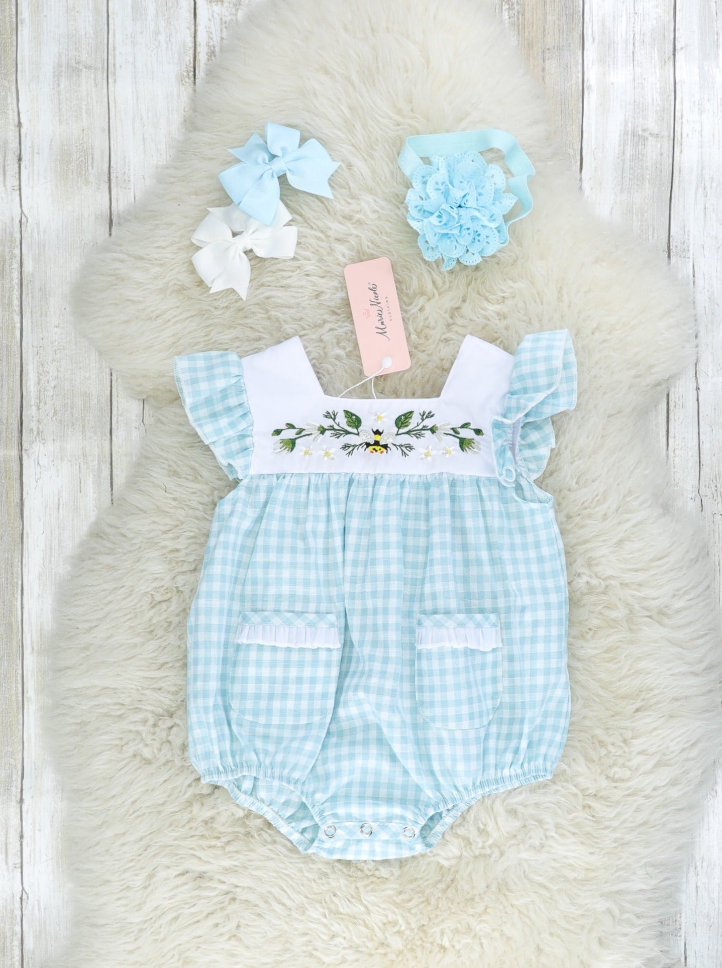Nile Blue Gingham Bee Pocket Bubble Romper - Marie Nicole Clothing