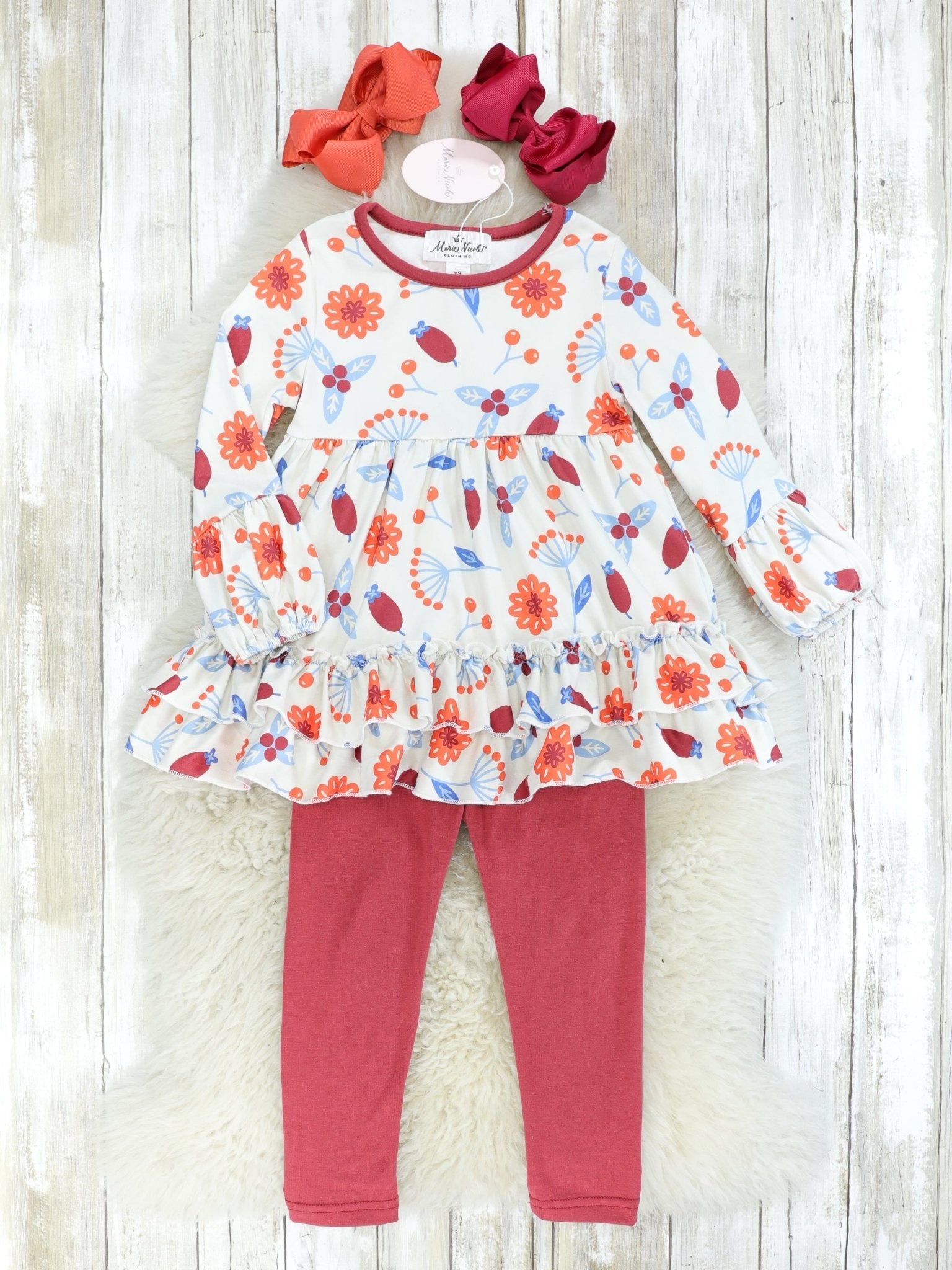 Burnt Orange Fall Floral Ruffle Tunic Outfit - Marie Nicole Clothing