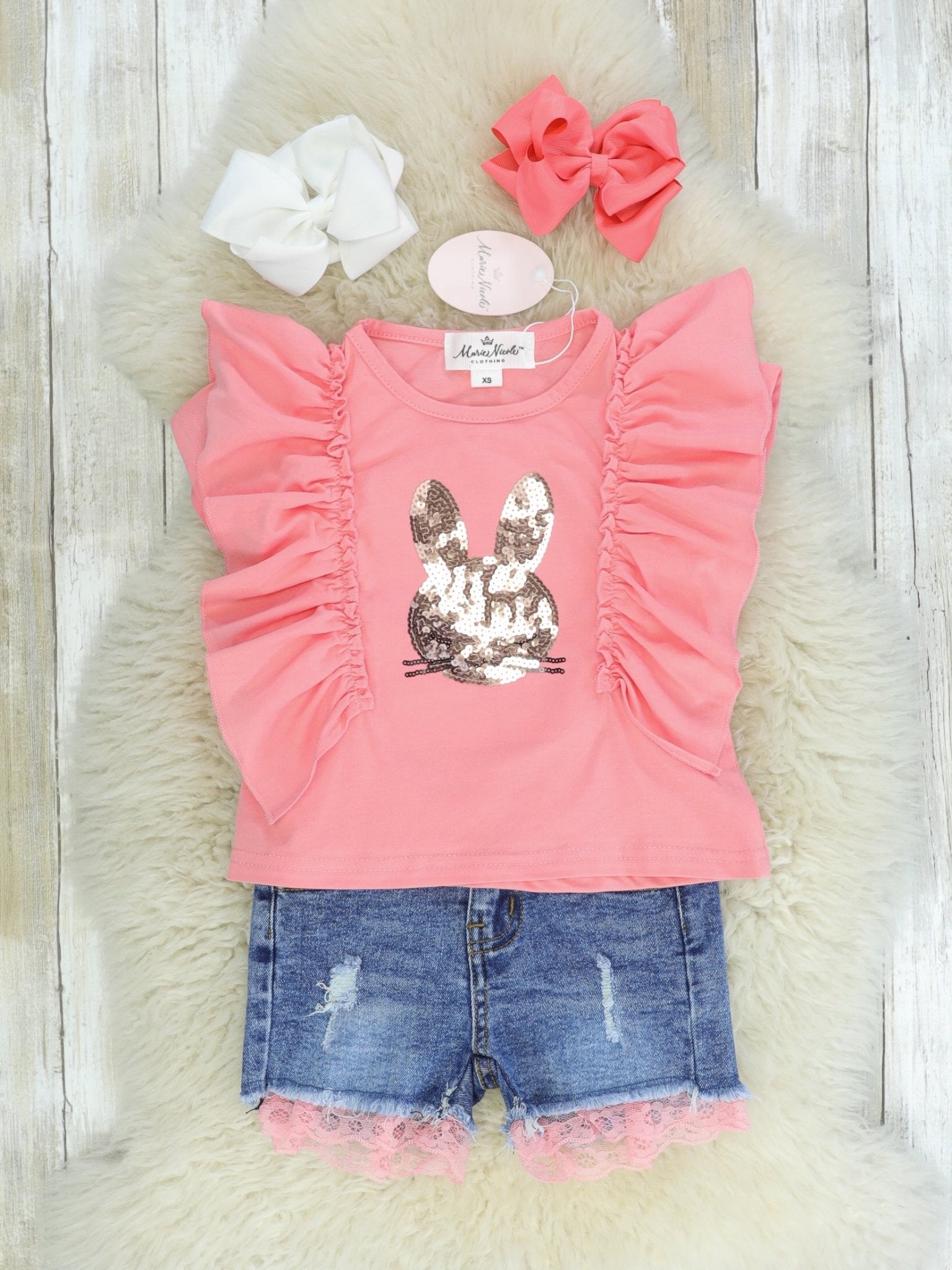 Sequin Bunny Coral Ruffle Top & Denim Shorts - Marie Nicole Clothing