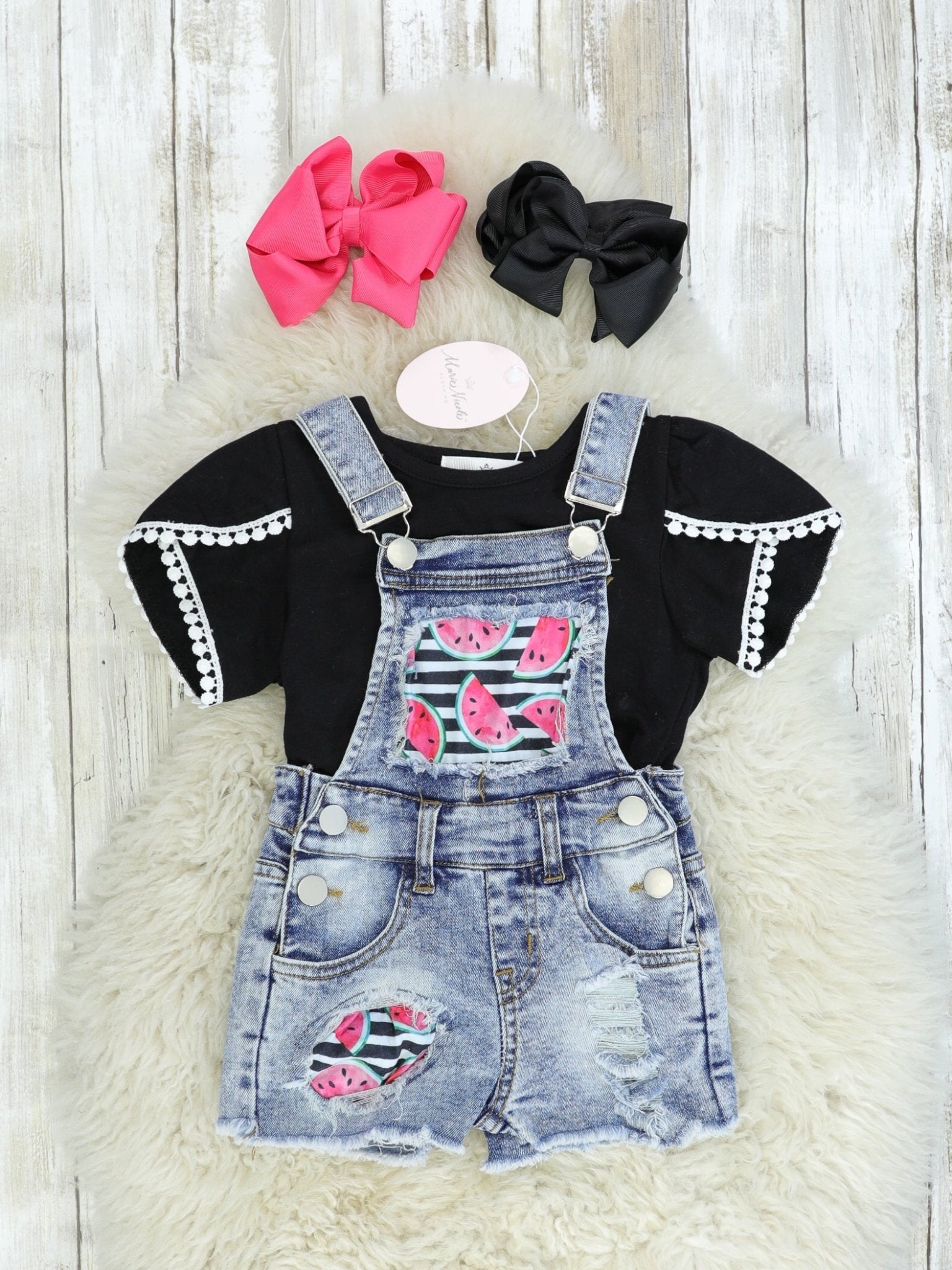 Watermelon Distressed Denim Overalls Set - Marie Nicole Clothing