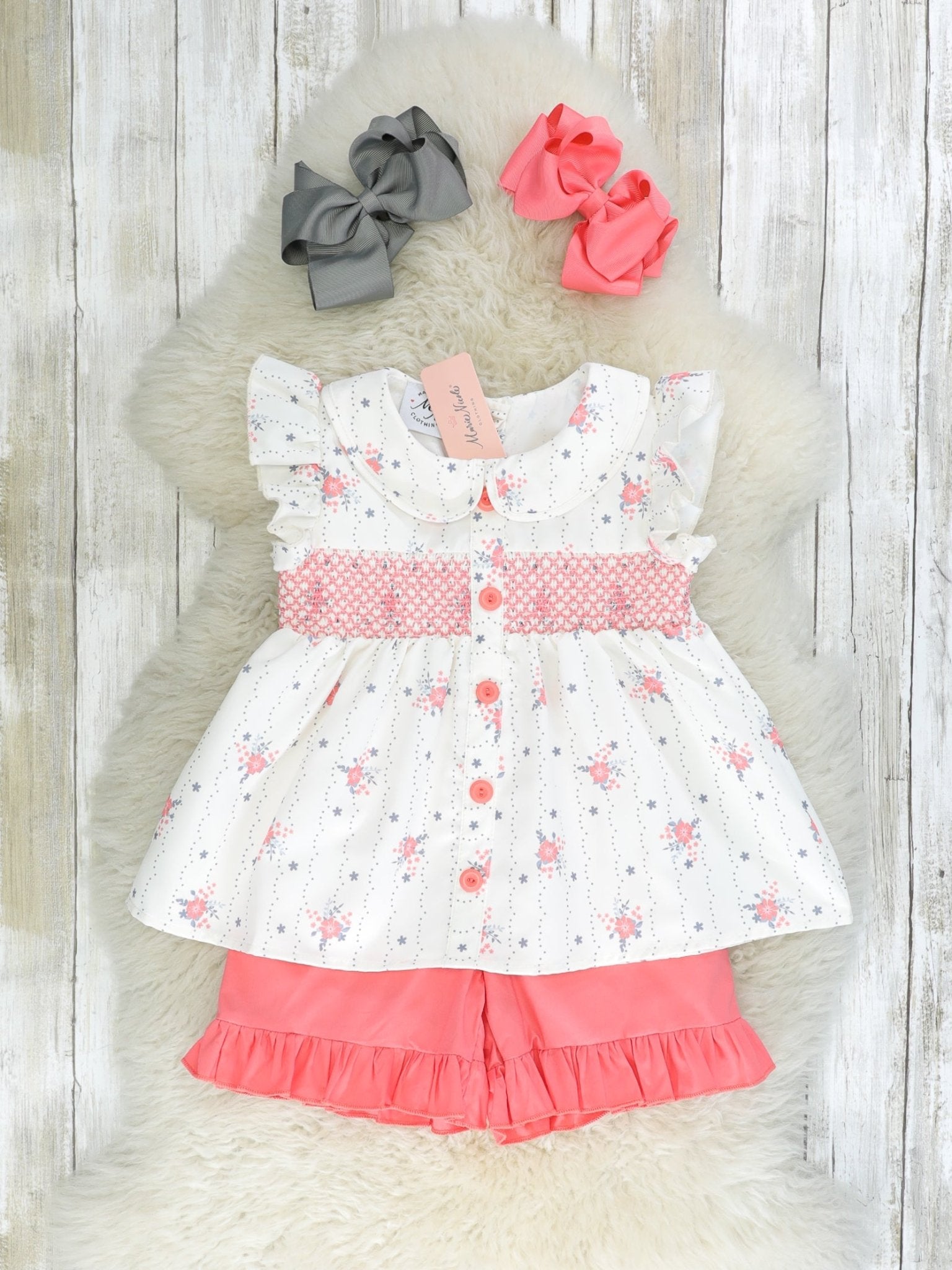 Punch Pink Smocked Floral Vintage Ruffle Outfit - Marie Nicole Clothing