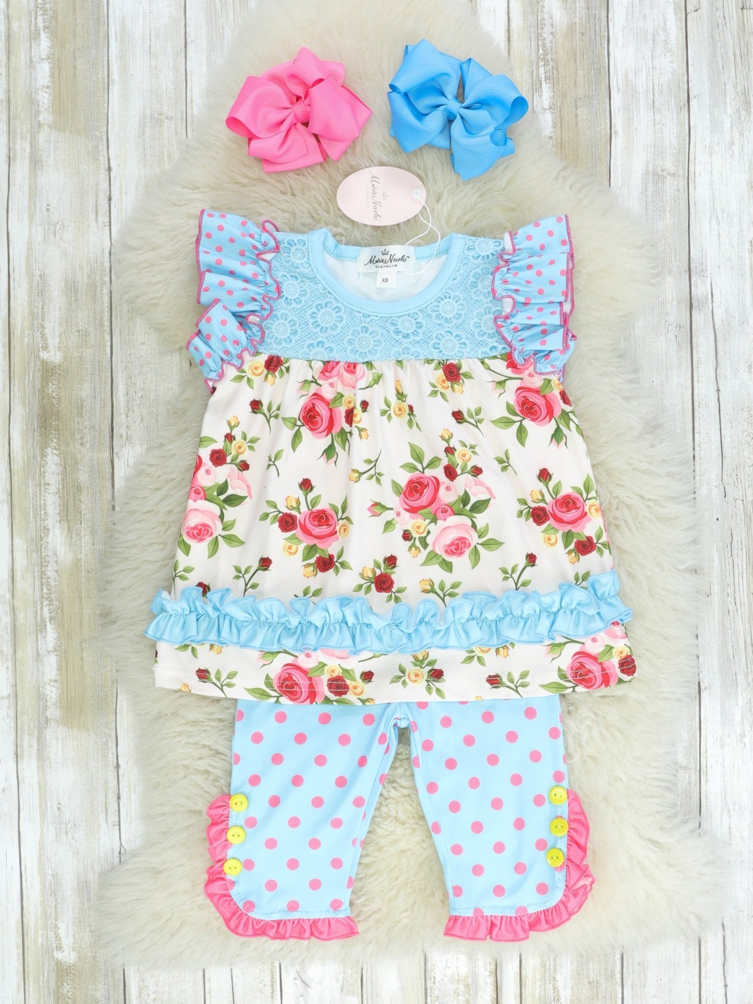 Blue & Pink Polka Dot Floral Ruffle Capris Outfit - Marie Nicole Clothing