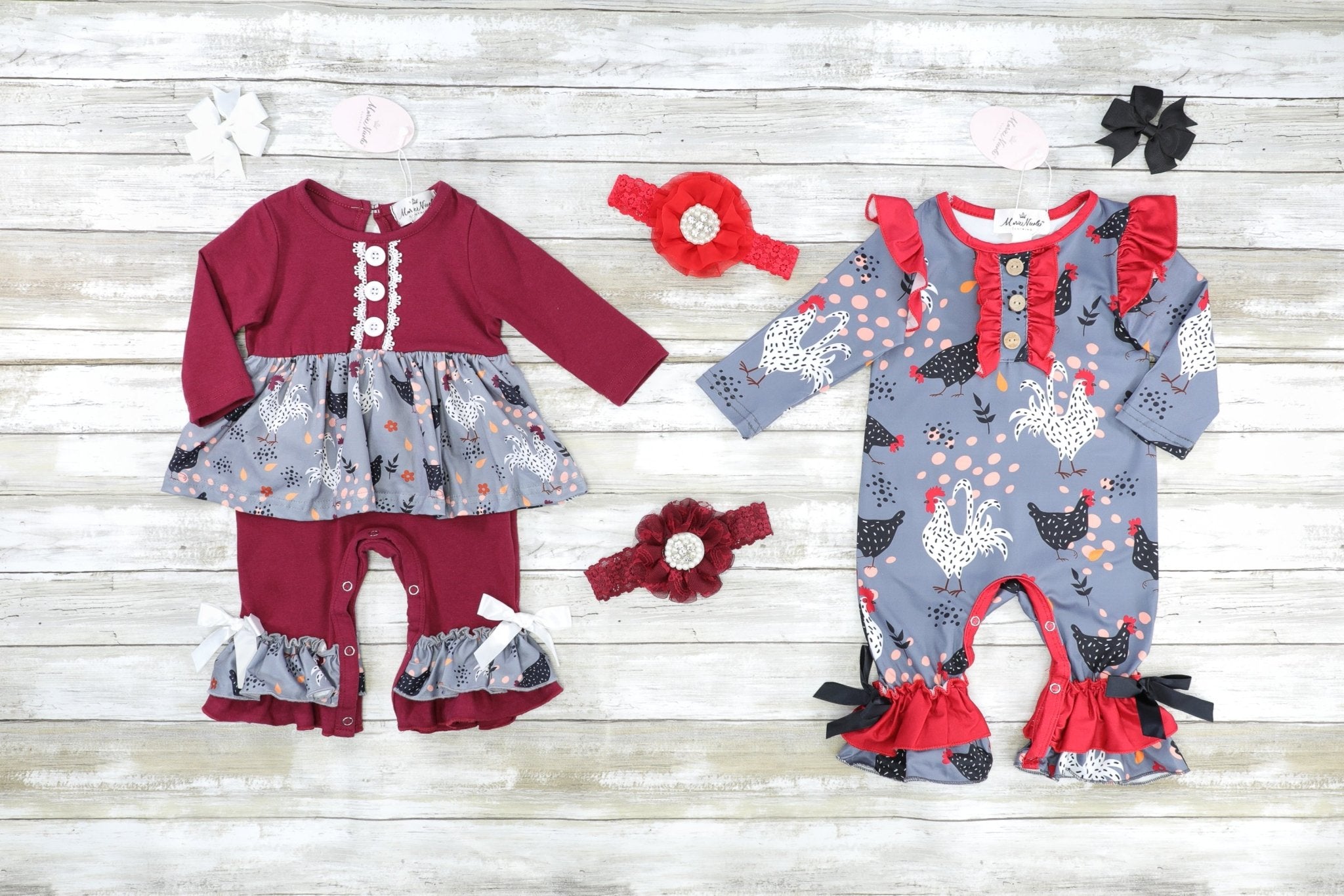 Red Spotted Chicken Ruffle Romper - Marie Nicole Clothing