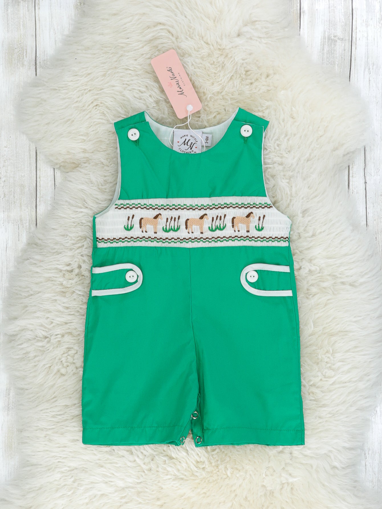 Green Smocked Horse Johnny - Marie Nicole Clothing