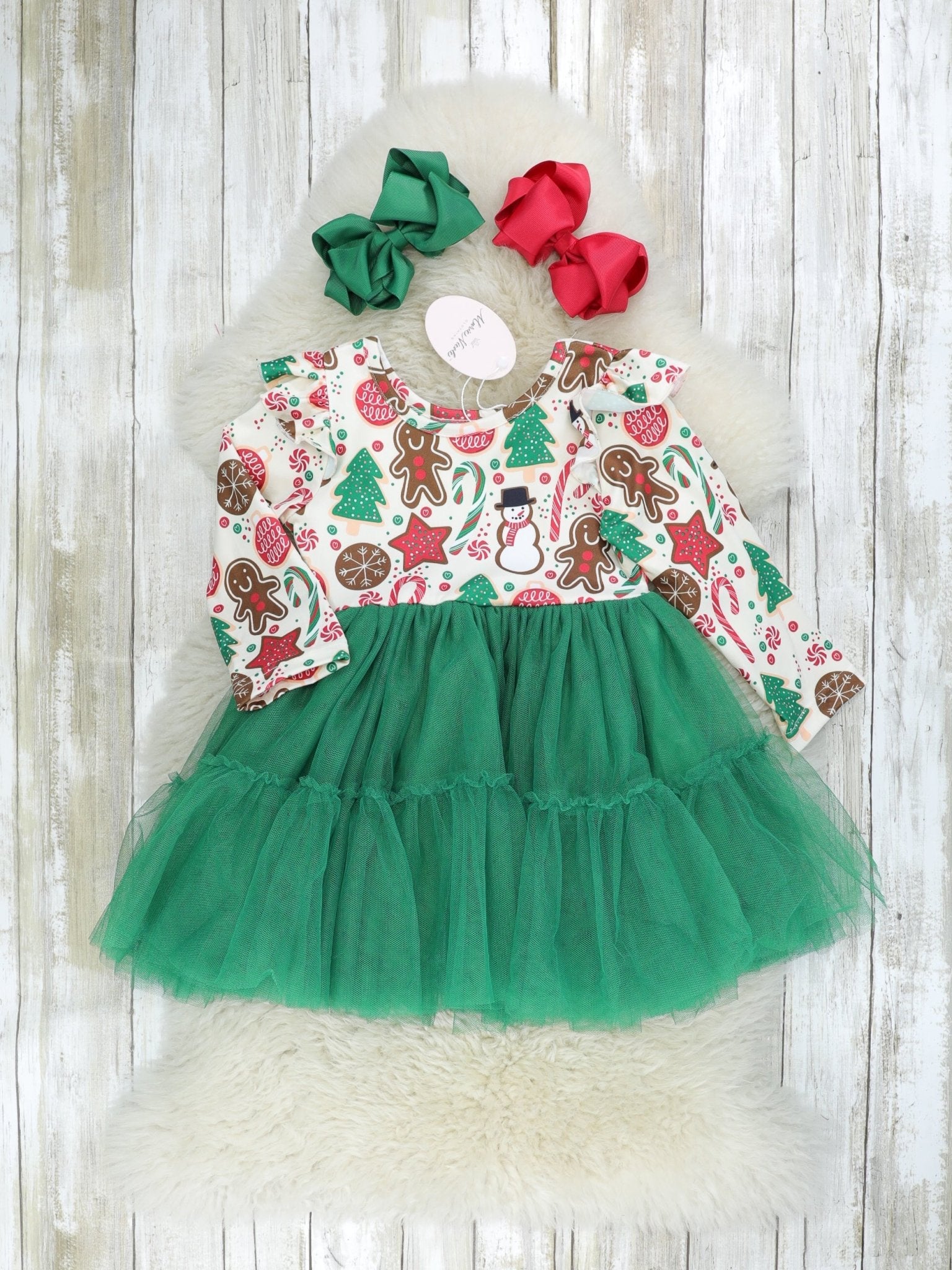 Gingerbread & Candy Cane Tulle Ruffle Dress - Marie Nicole Clothing