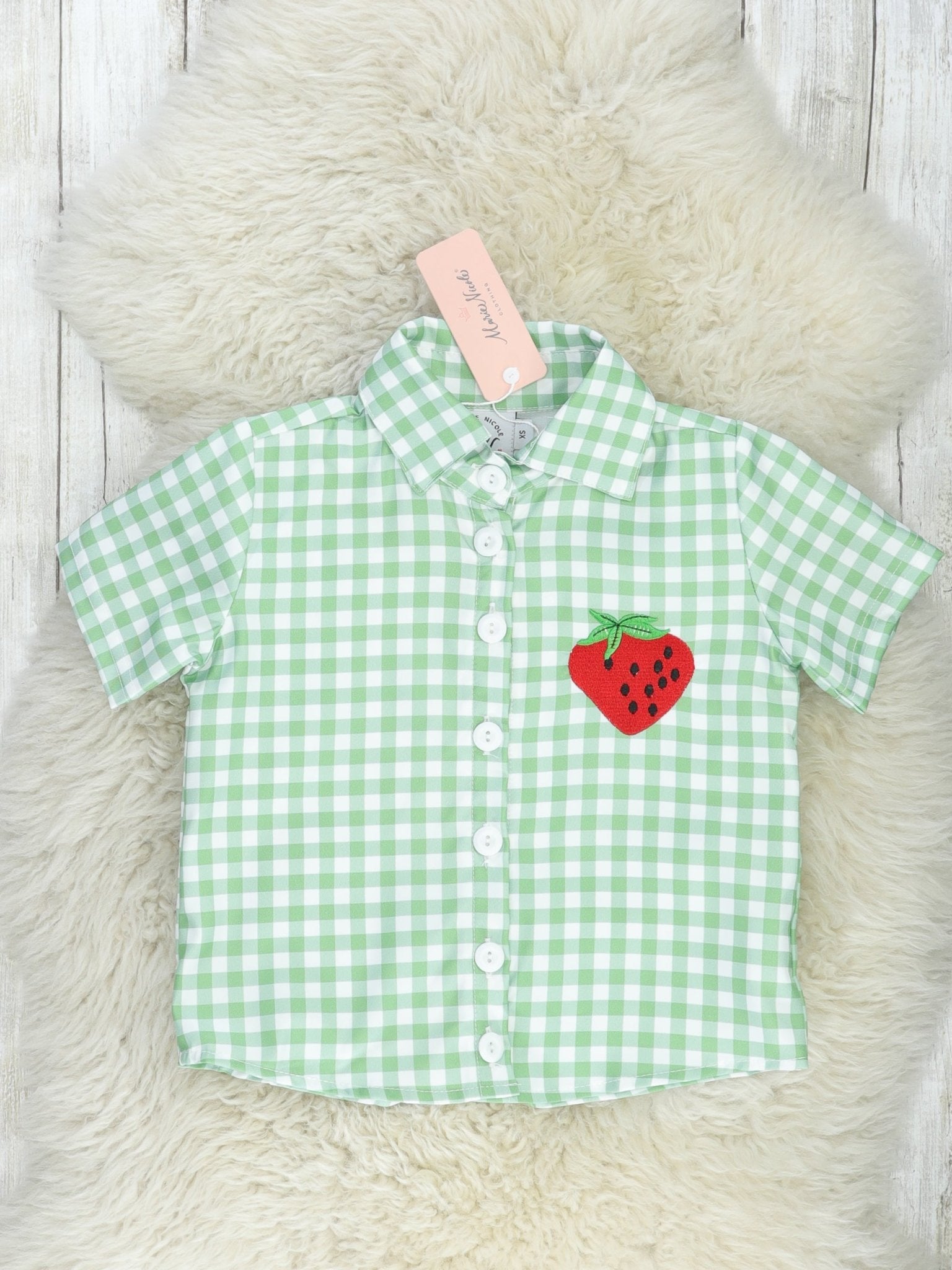 Green Gingham Strawberry Polo - Marie Nicole Clothing