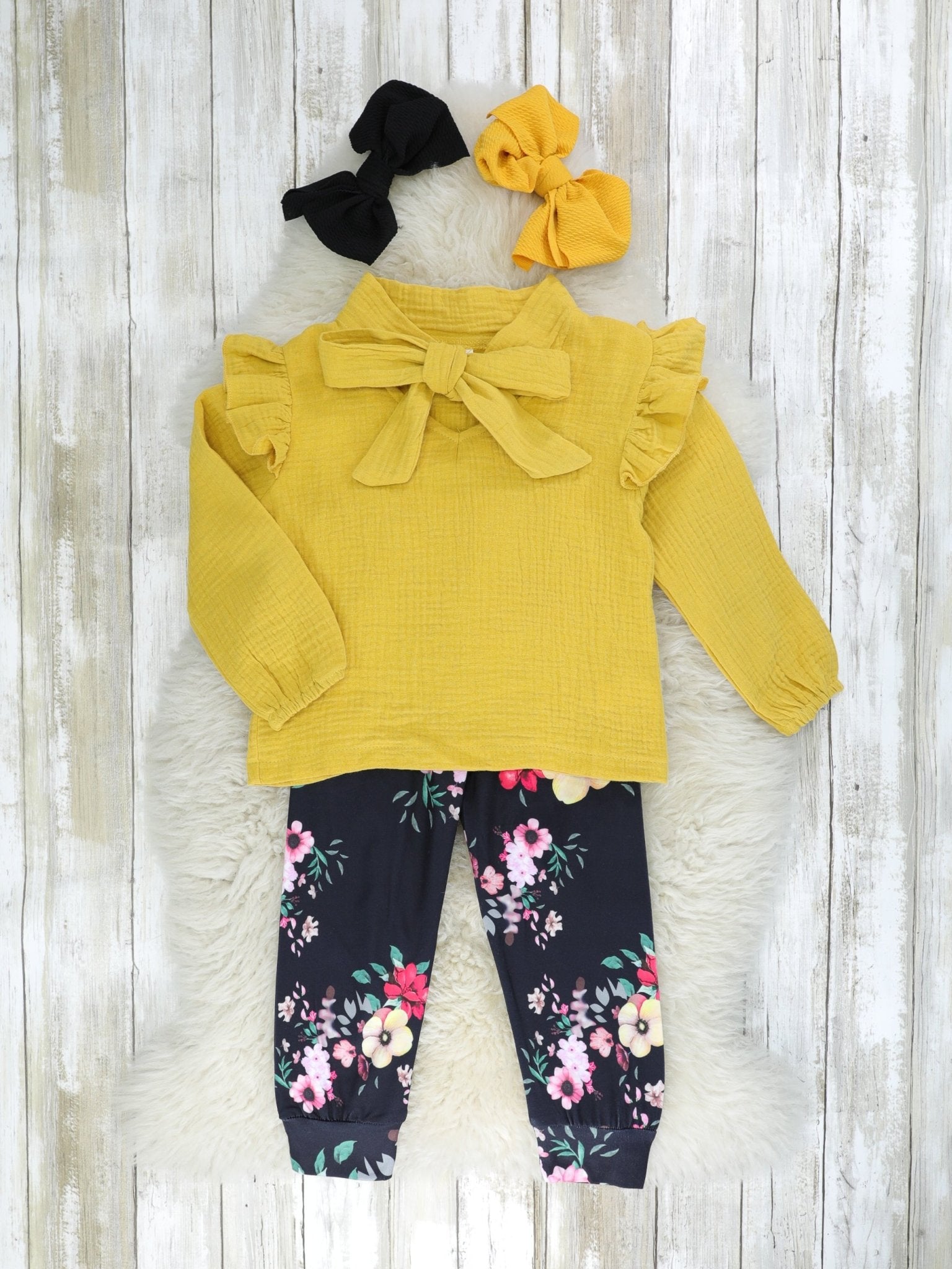 Mustard Bow Ruffle Top & Floral Joggers Outfit - Marie Nicole Clothing