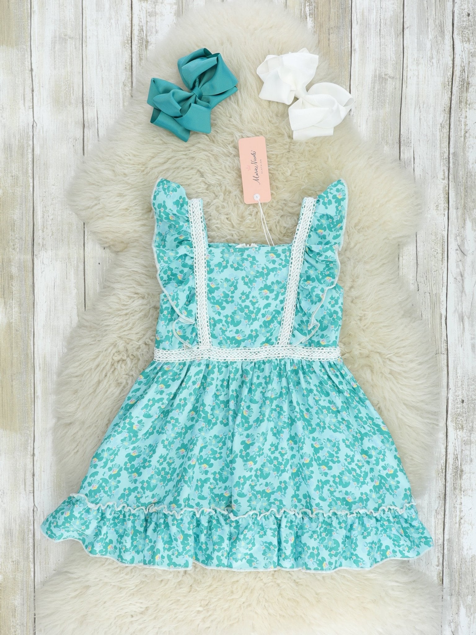 Turquoise Floral Flutter Sleeve Ruffle Dress - Marie Nicole Clothing