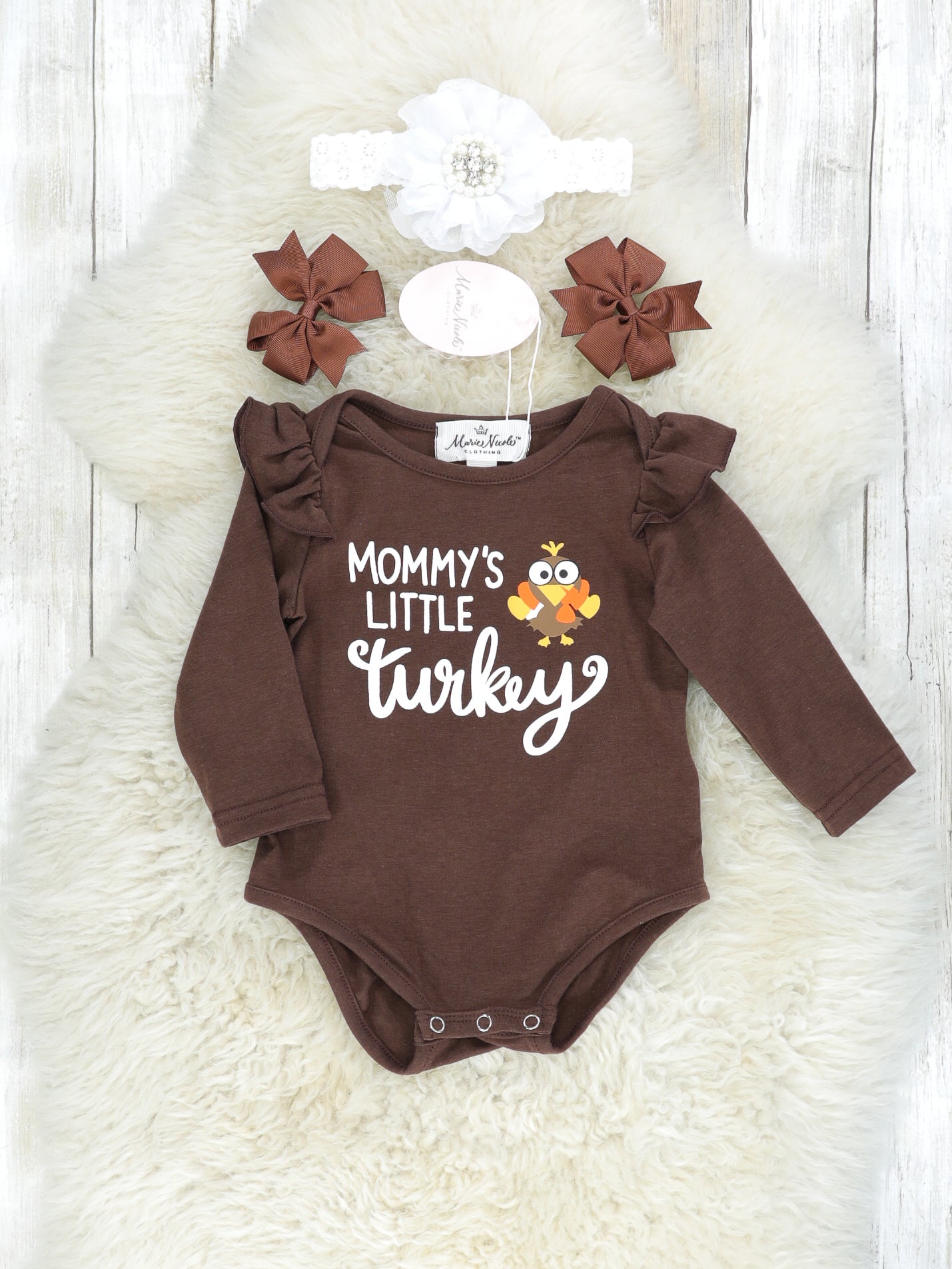 "Mommy's Little Turkey" Ruffle Overall Romper - Marie Nicole Clothing