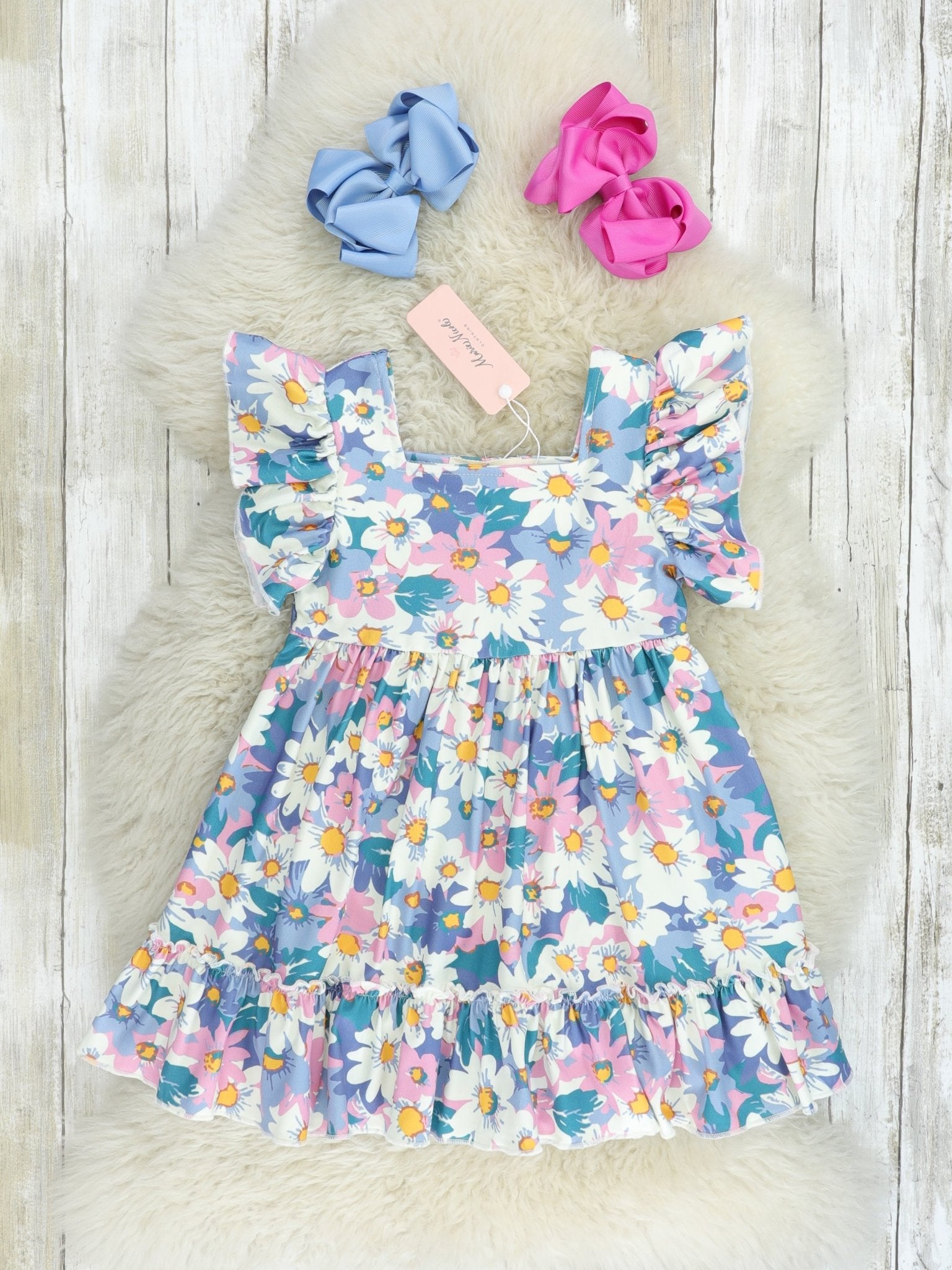 Blue Daisy Flutter Sleeve Dress - Marie Nicole Clothing