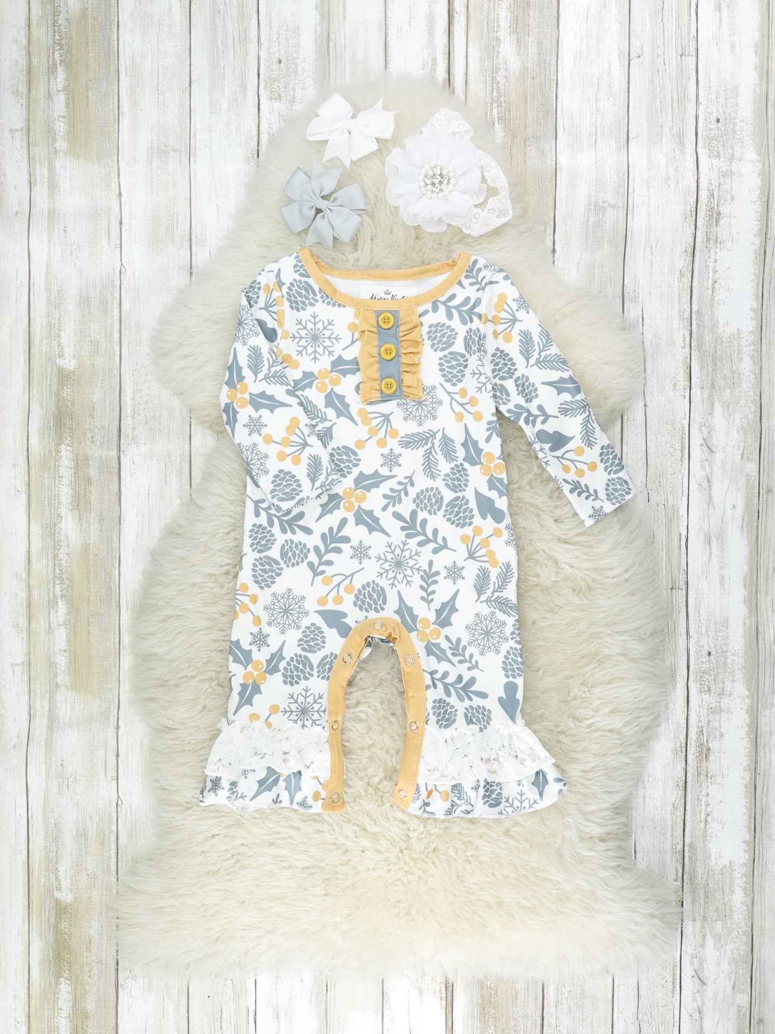 Grey Pinecone Ruffle Romper - Marie Nicole Clothing