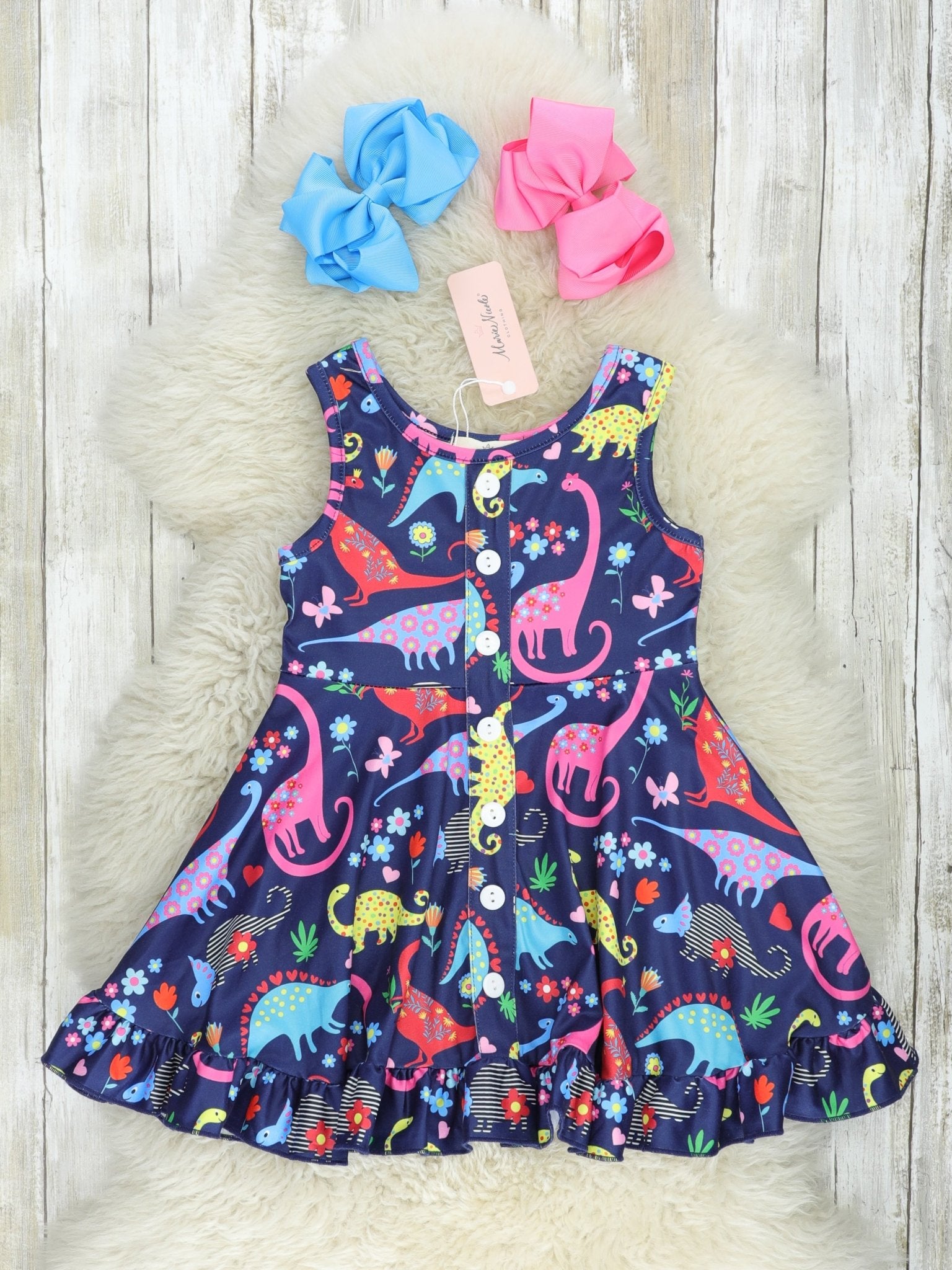 Rainbow Dinosaur Ruffle Tank Dress - Marie Nicole Clothing