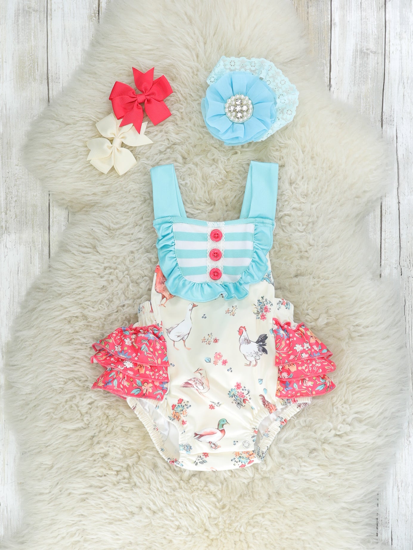 Blue Striped Flock Ruffle Bubble Romper - Marie Nicole Clothing