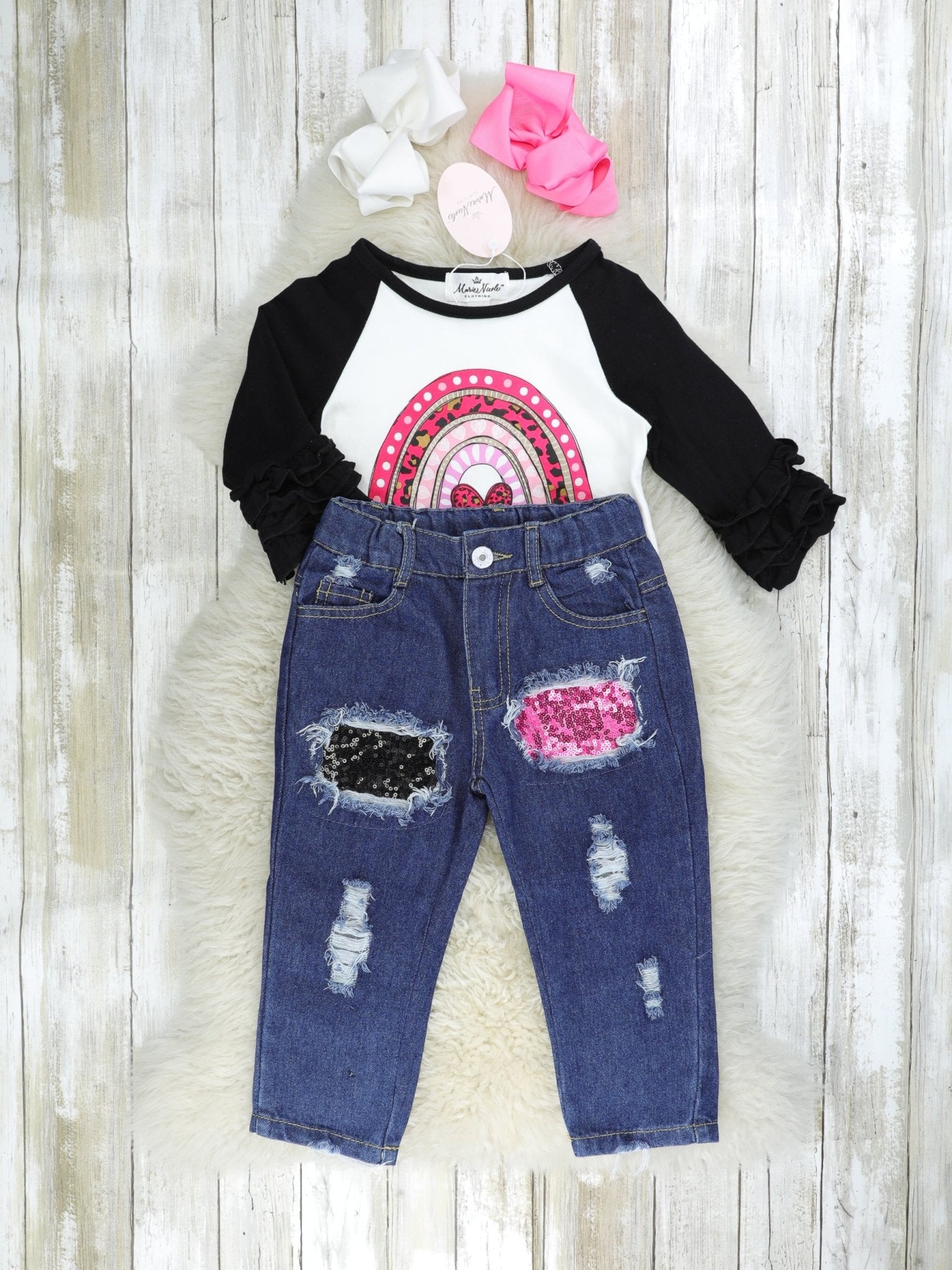 Rainbow Heart Icing Top & Sequin Denim Outfit - Marie Nicole Clothing