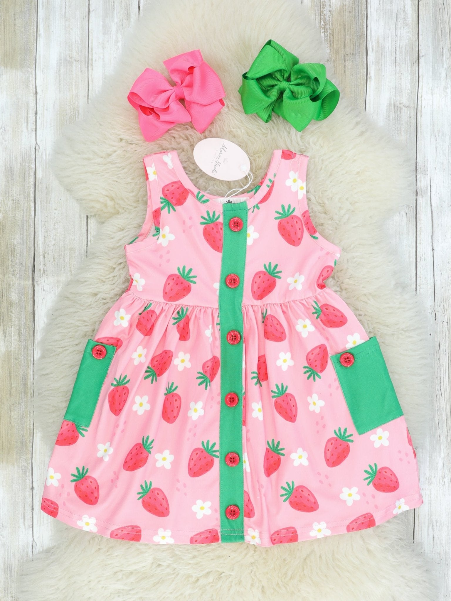 Pink Strawberry Pocket Dress - Marie Nicole Clothing