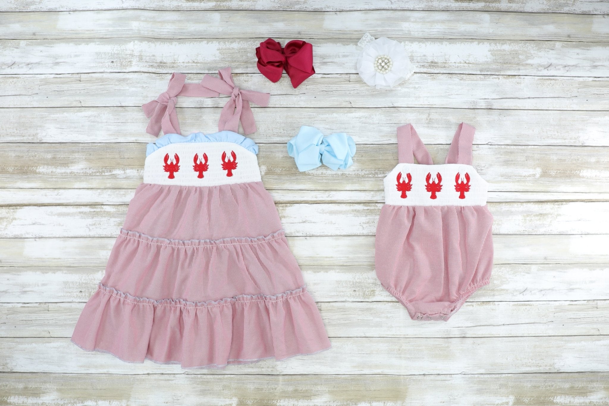 Red Pinstriped Lobster Smocked Ruffle Dress - Marie Nicole Clothing