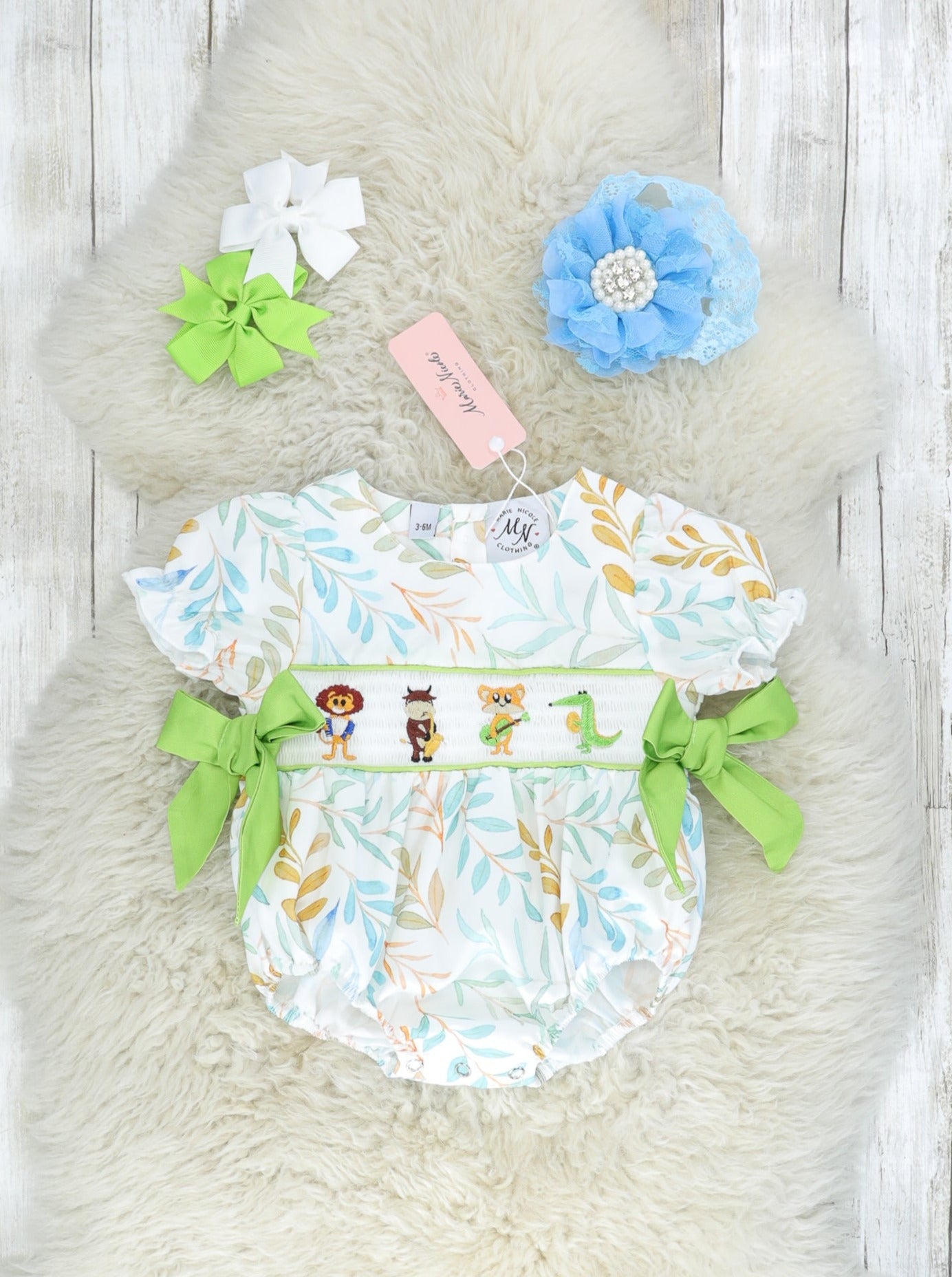Jazzy Zoo Friends Smocked Bow Bubble Romper - Marie Nicole Clothing