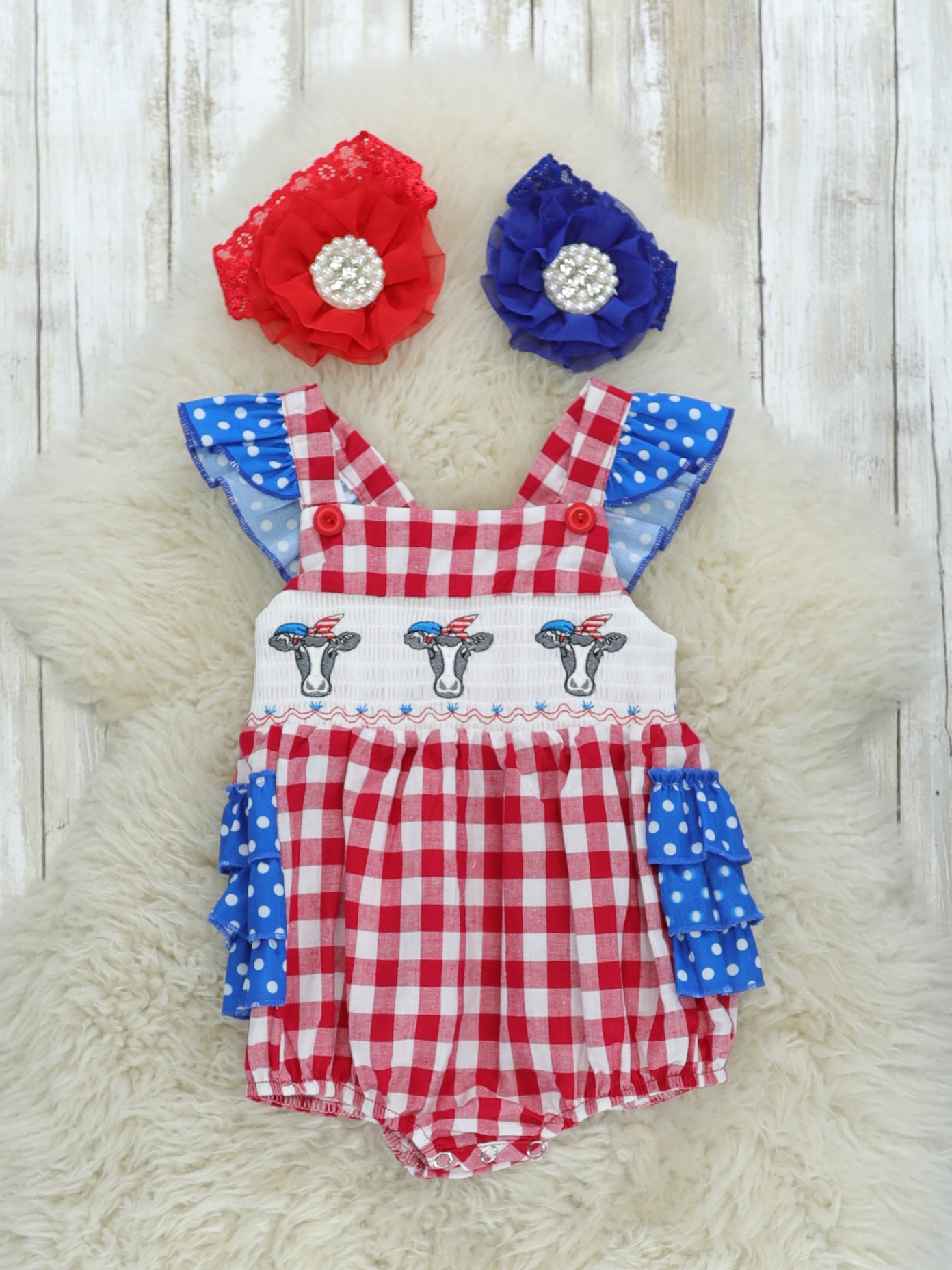 Patriotic Smocked Cow Ruffle Bubble Romper - Marie Nicole Clothing