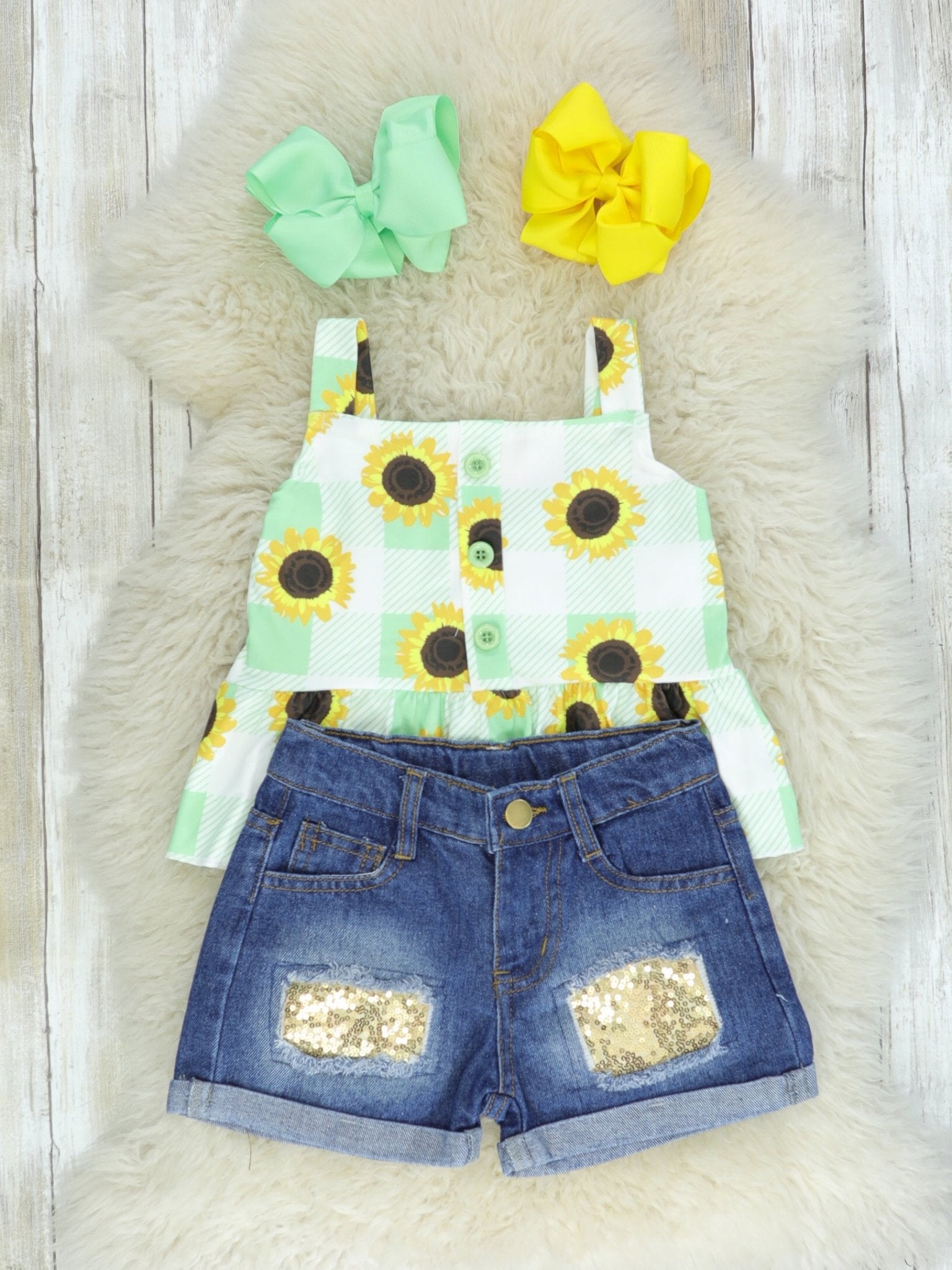 Sunflower Peplum Tank & Sequin Denim Outfit - Marie Nicole Clothing