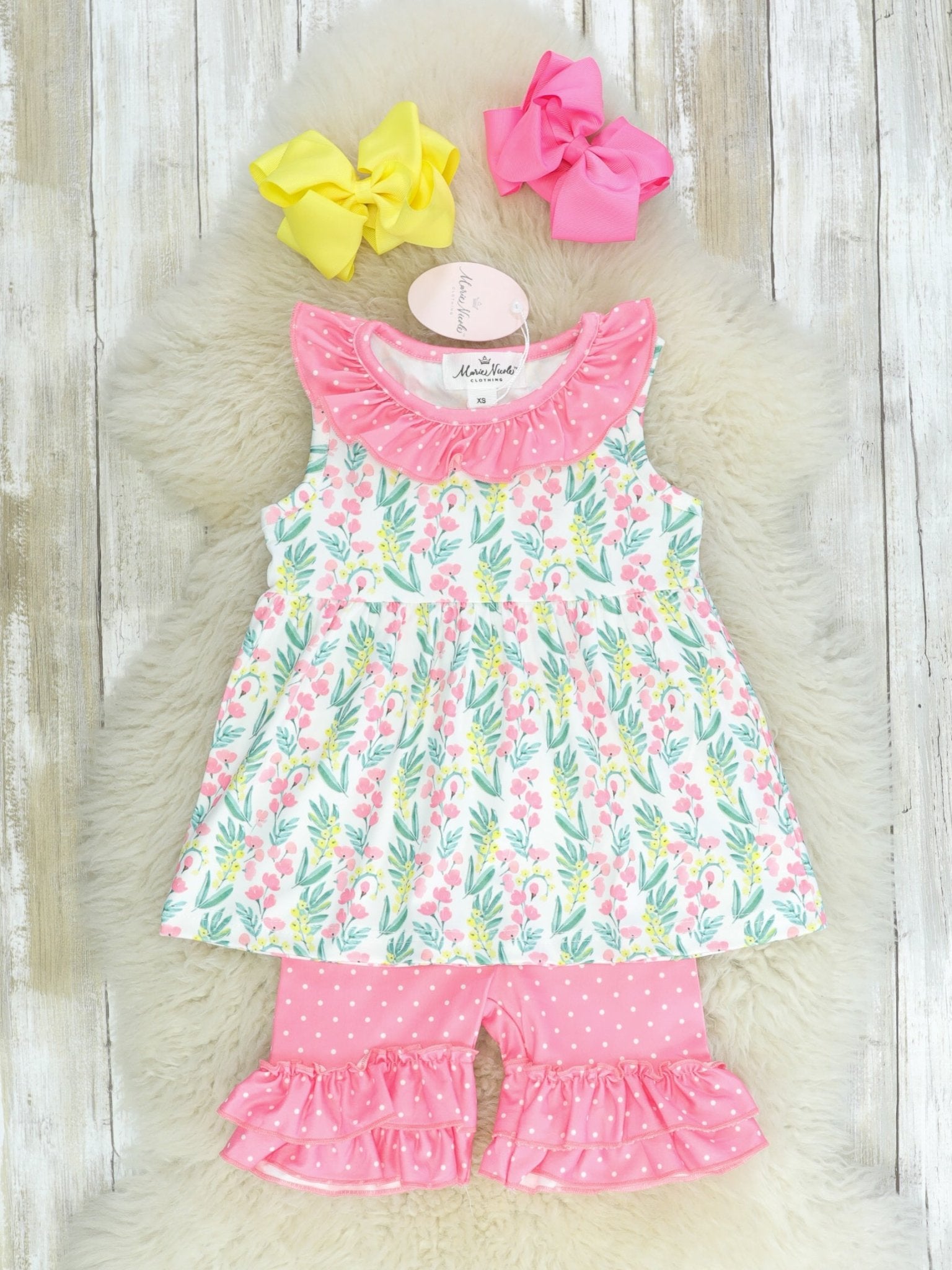 Pink & Green Floral Ruffle Shorts Outfit - Marie Nicole Clothing