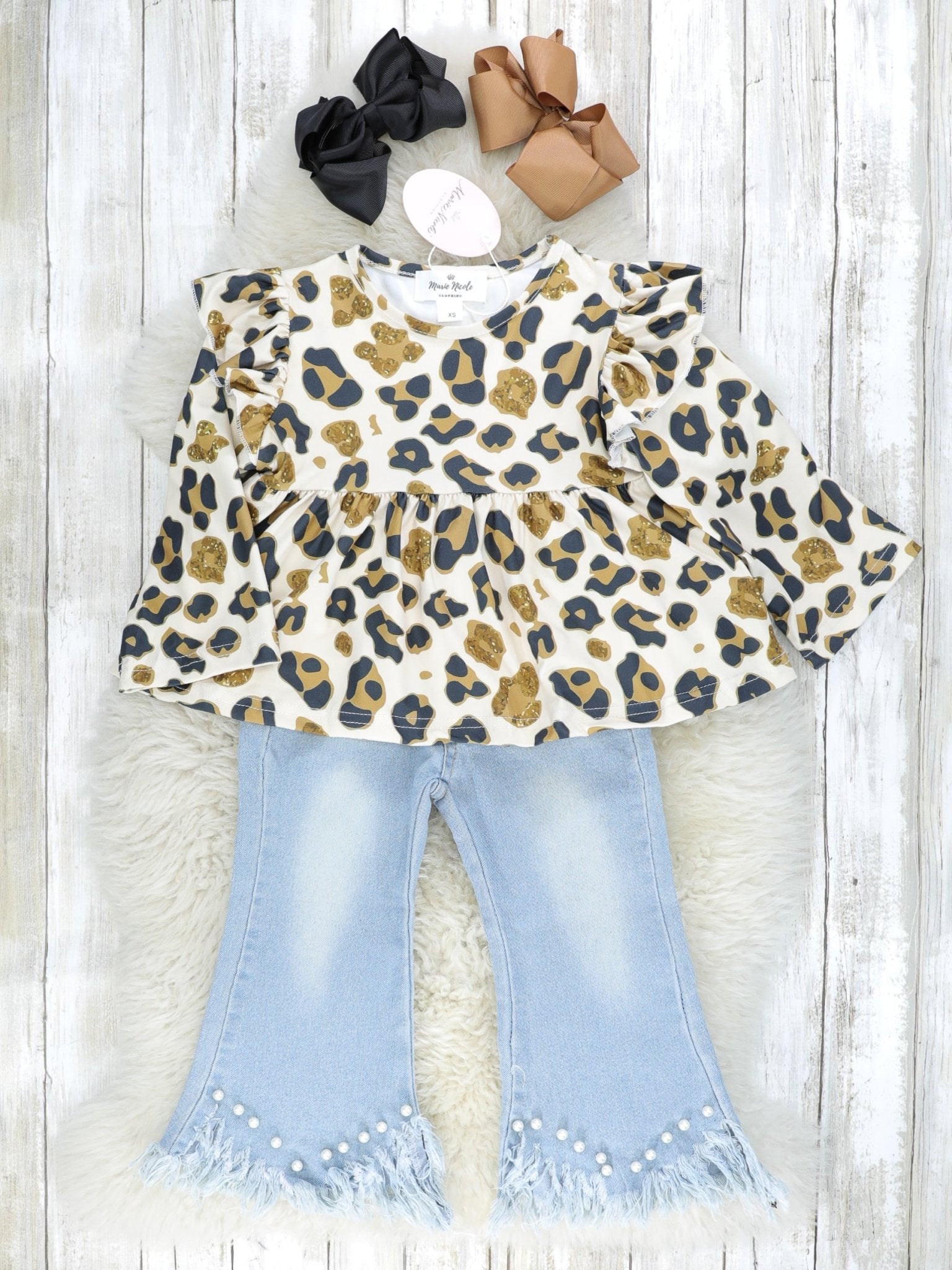 Cream Leopard Ruffle Top & Denim Bell Bottoms Outfit - Marie Nicole Clothing