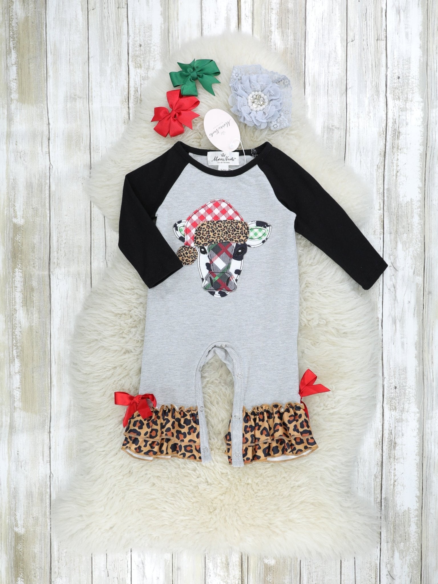 Festive Leopard Cow Ruffle Romper - Marie Nicole Clothing